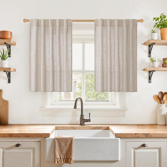 YoungsTex Linen Kitchen Curtains 36 Inches Long for Over Sink, Short Semi Sheer Drapes Light Filtering with Rod Pocket Back Tab for Cafe Bathroom Window, 42 X 36 Inch