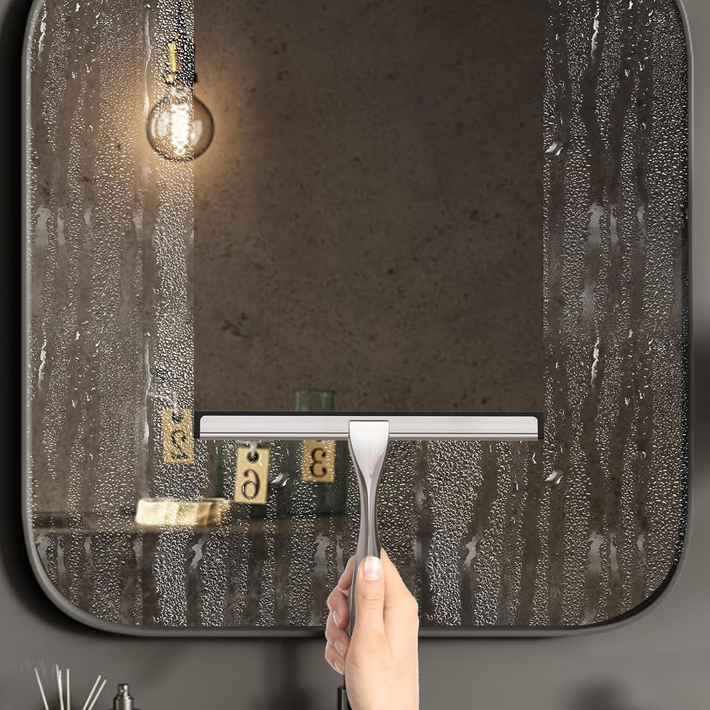 All-Purpose Stainless Steel Shower Squeegee for Glass Doors with Adhesive Hooks, Squeegee for Shower Glass, Bathroom Household Cleaner Tool for Window Mirror Tile Wall Car, 12 inch, Silver