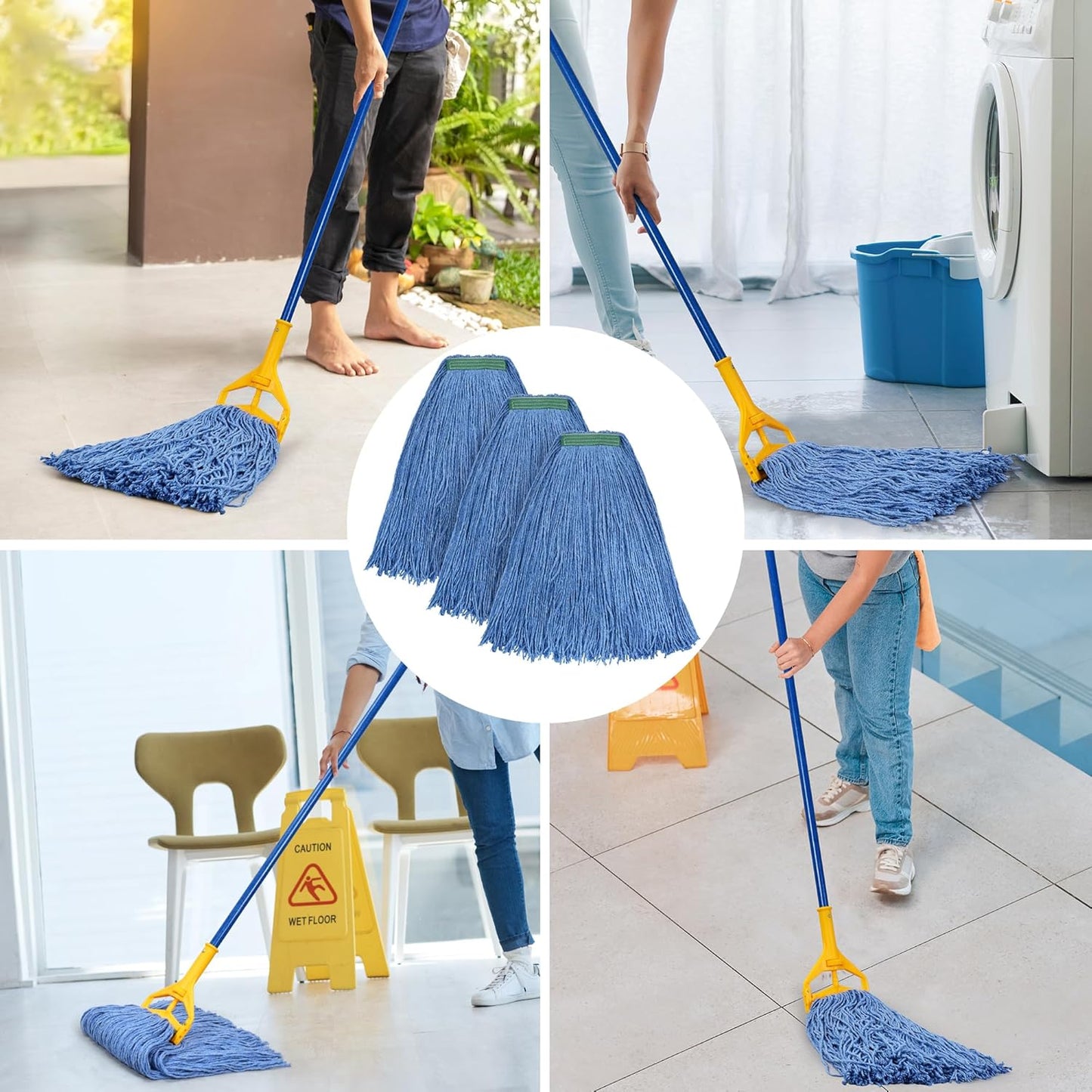 Matthew Cleaning 24oz 3Pack Cotton Floor Mop,Cotton Looped-Open String Heavy Duty String Refills, Universal Headband Blend ,Mop Head Replacement for Home, Industrial and Commercial Use(Blue)