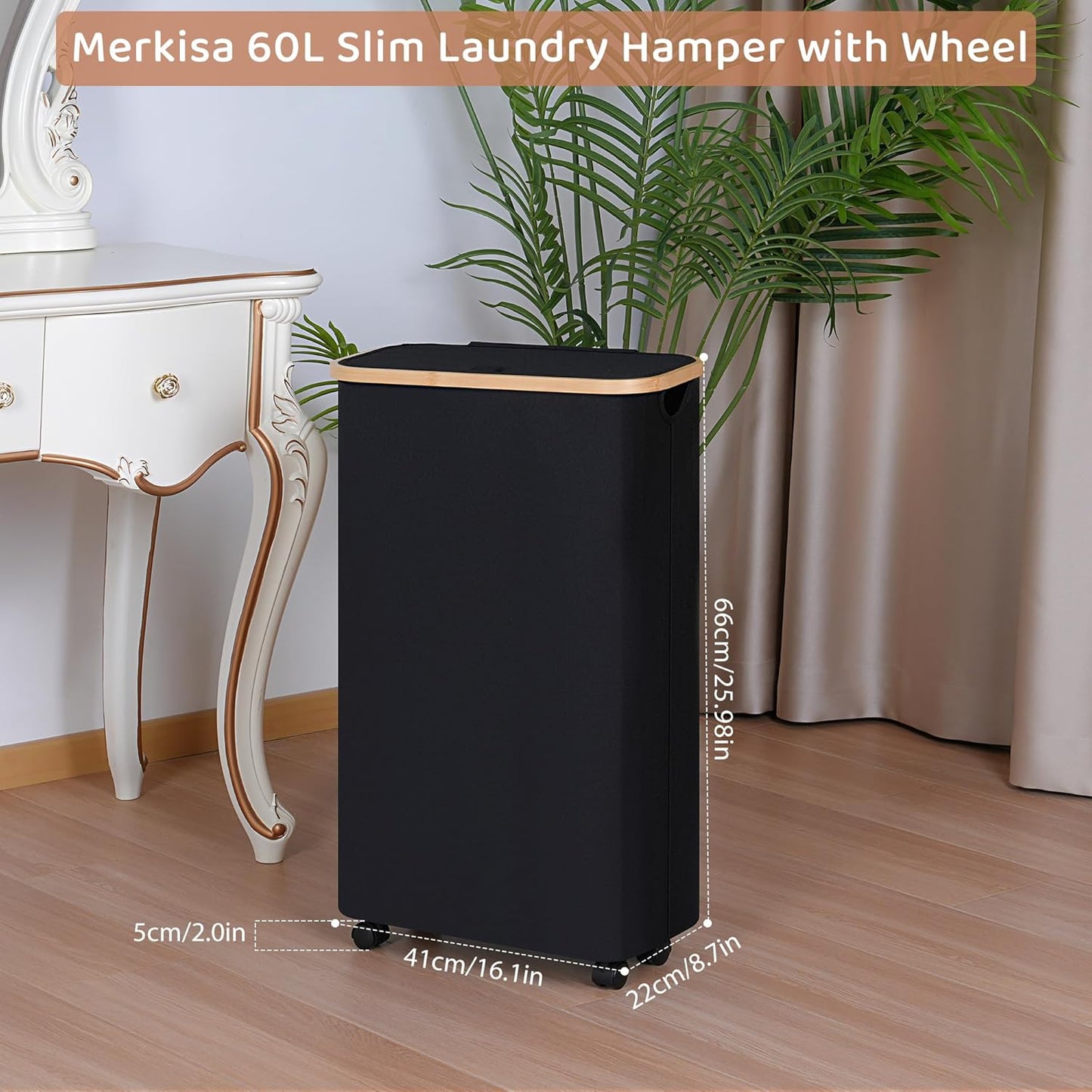 Slim Laundry Hamper with Wheels,Narrow Hampers for Laundry,Freestanding Laundry Basket with Lid&Bamboo Handles,Collapsible & Waterproof Tall Cloth Hamper for Dorm Family(60L,Black)
