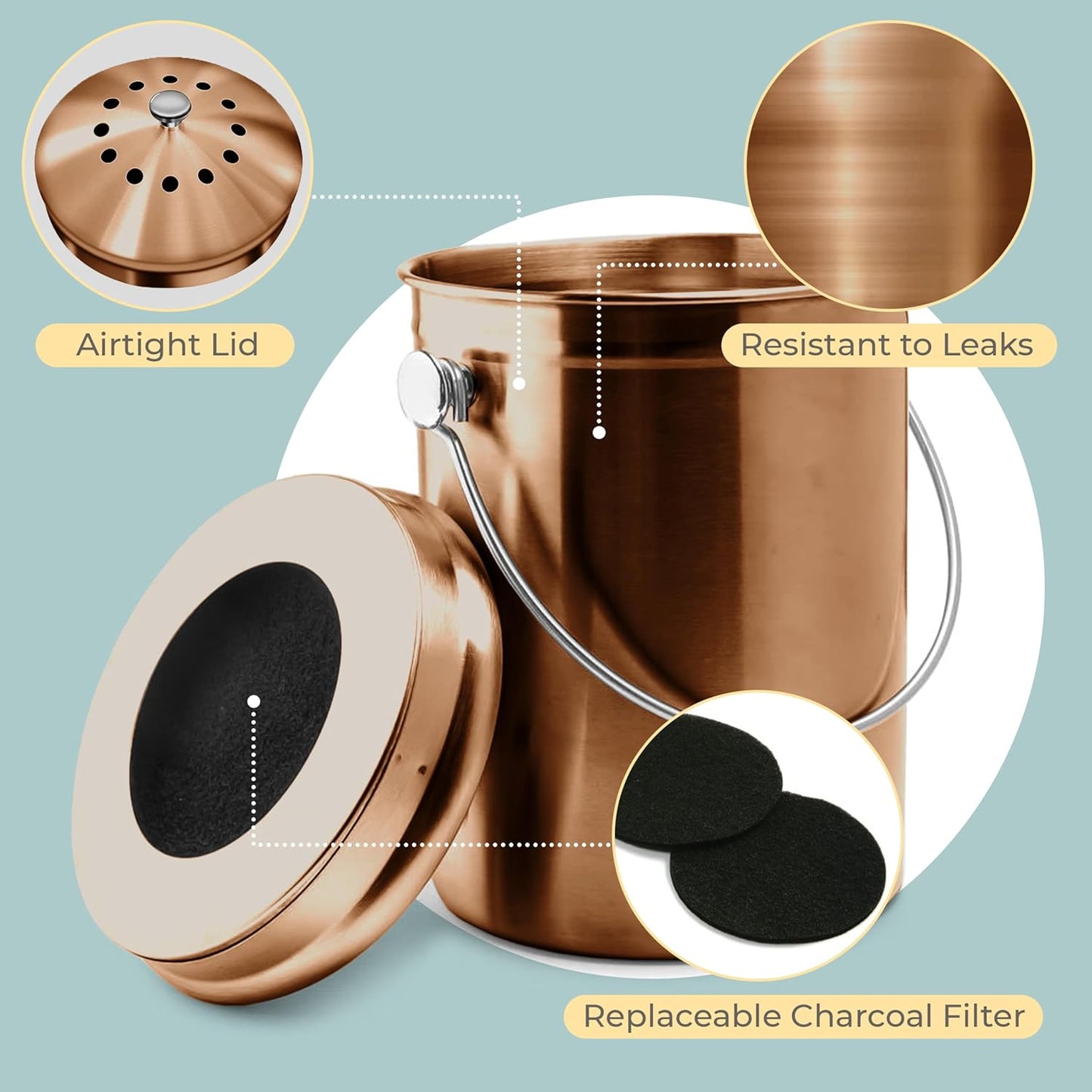 EPICA Countertop Compost Bin Kitchen | 1.3 Gallon | Odorless Composting Bin with Carbon Filters | Indoor Compost Bin with Lid | Stainless Steel Kitchen Composter for Food Scraps & Waste Recycling