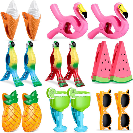 Rtteri 16 Pcs Beach Towel Clips for Beach Chairs Cute Towel Holder Cruise Clothes Pins for Lounge Chair Patio Pool, Assorted Style(Classic)