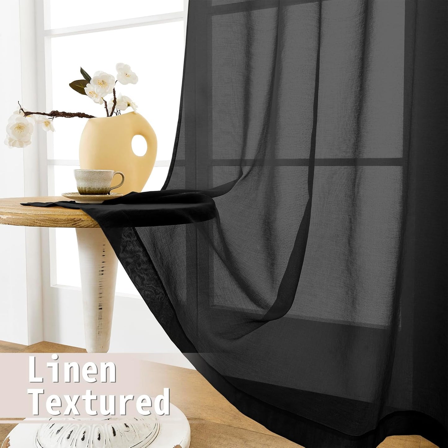 Tollpiz Short Sheer Door Curtain Closet Linen Textured Curtain Sheers Doorway Light Filtering Voile Patio Glass Door Rod Pocket Curtains French Door, 54 x 54 inches Long, Black, Set of 1 Panel
