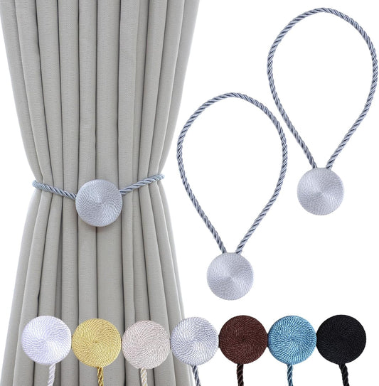 Magnetic Curtain Tiebacks - 12mm Magnetic Tie Backs for Curtains, Heavy Duty No Drill Curtain Holdbacks for Home/Office Windows Drapes, Elegant Gift-Ready Design 7 Colors (2, Gray)