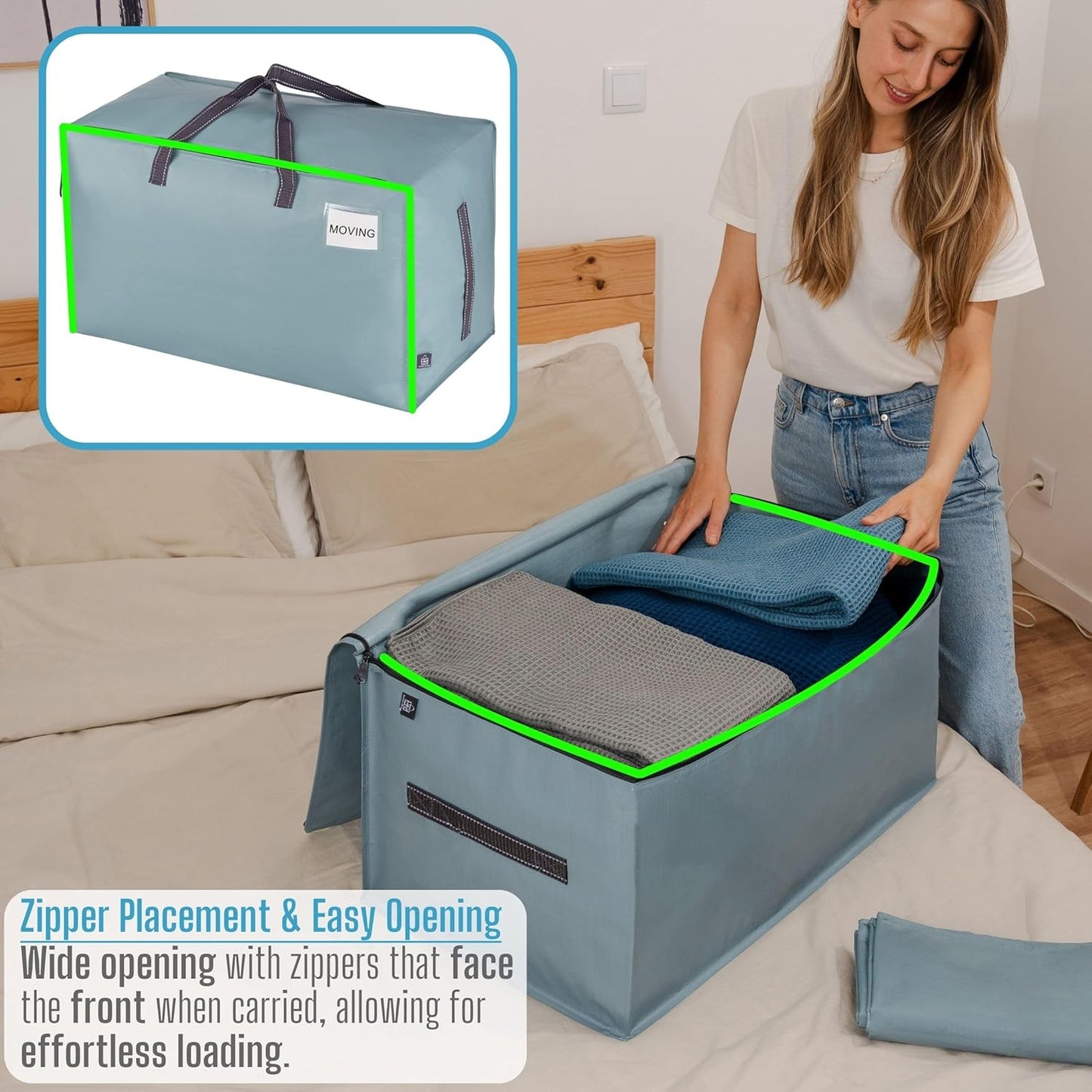 VENO 6 Pack Moving and Storage Bags, Heavy Duty, Alternative to Moving Boxes, Large Packing Totes Supplies for College Dorm Room with Zipper for Clothes, Wide Open Design (Light Blue Matte, 6 Pack)