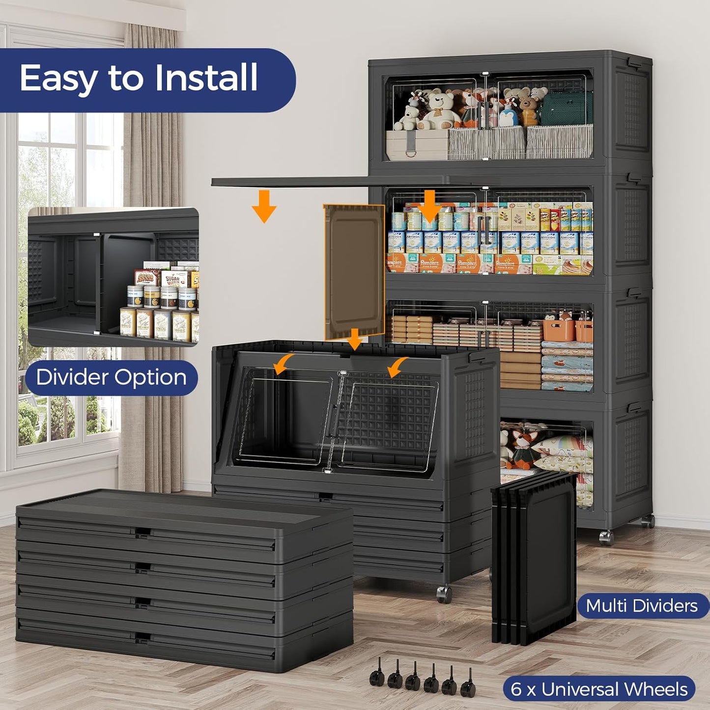 150GAL Storage Bins with Lid and Wheels, Stackable Closet Organizers and Storage Drawer, Collapsible Storage Box with Dividers, Foldable Plastic Cabinets Cubes Totes for Garage, 3 Pack Black