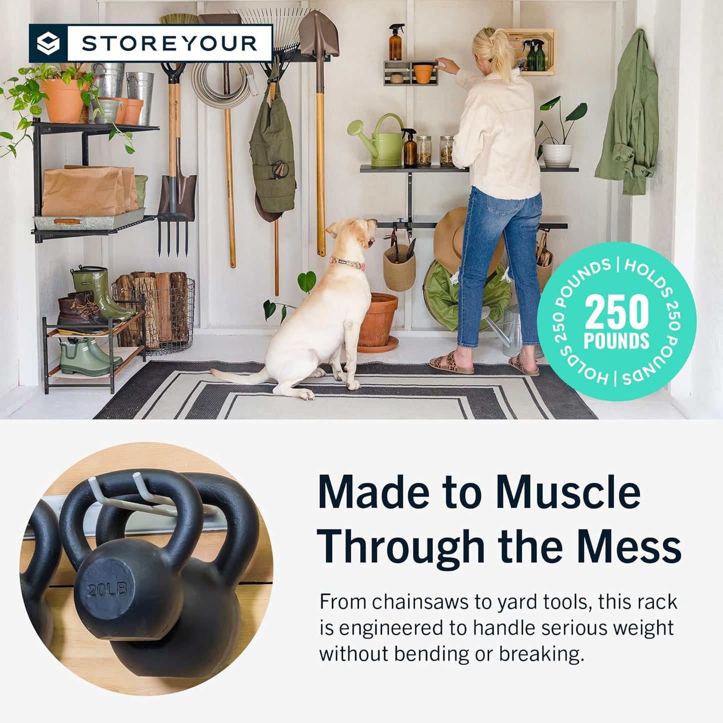 StoreYourBoard Wall-Mounted Rack With 4 Garage Hooks – Heavy-Duty Steel Holder Garage & Garden Storage for Shed, Workshop, or Home Organization – For Rakes, Shovels, Tools & More – 1 Pack, Black