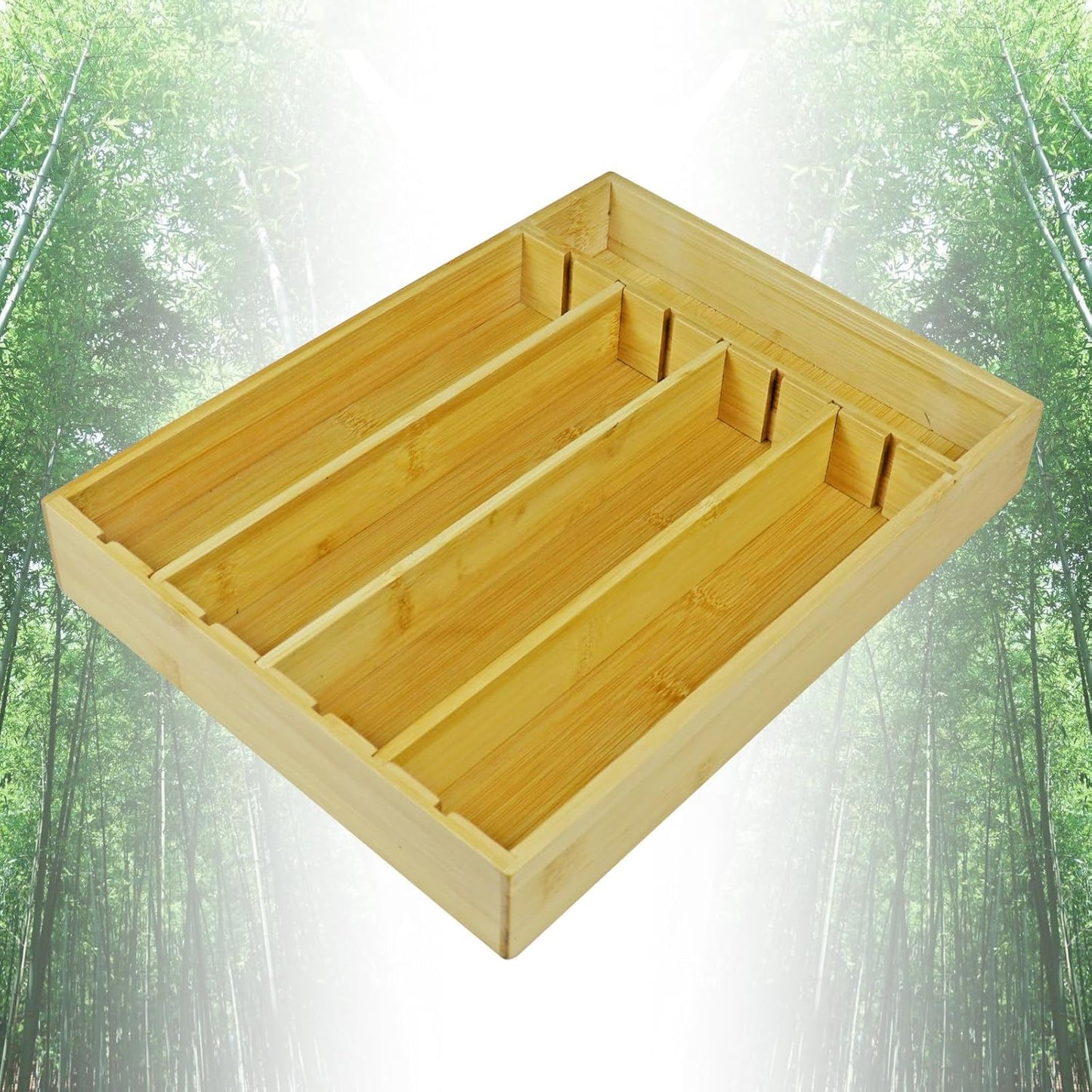 Kitchen Bamboo Drawer Organizer - 5 Slots Total Silverware Organizer for Flatware, Cutlery & Knives. Ideal Utensil Drawer Organizer for Kitchen, Natural