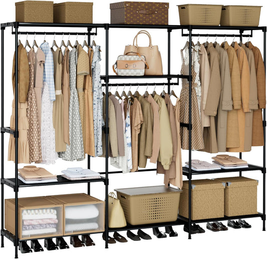 Clothes Rack, Portable Closet, 81.1 Inch Large Capacity Wardrobe Closet, Clothes Storage Organizer with Shelves and 3 Hanging Rods, Easy to Assembly, Black PCT033B01