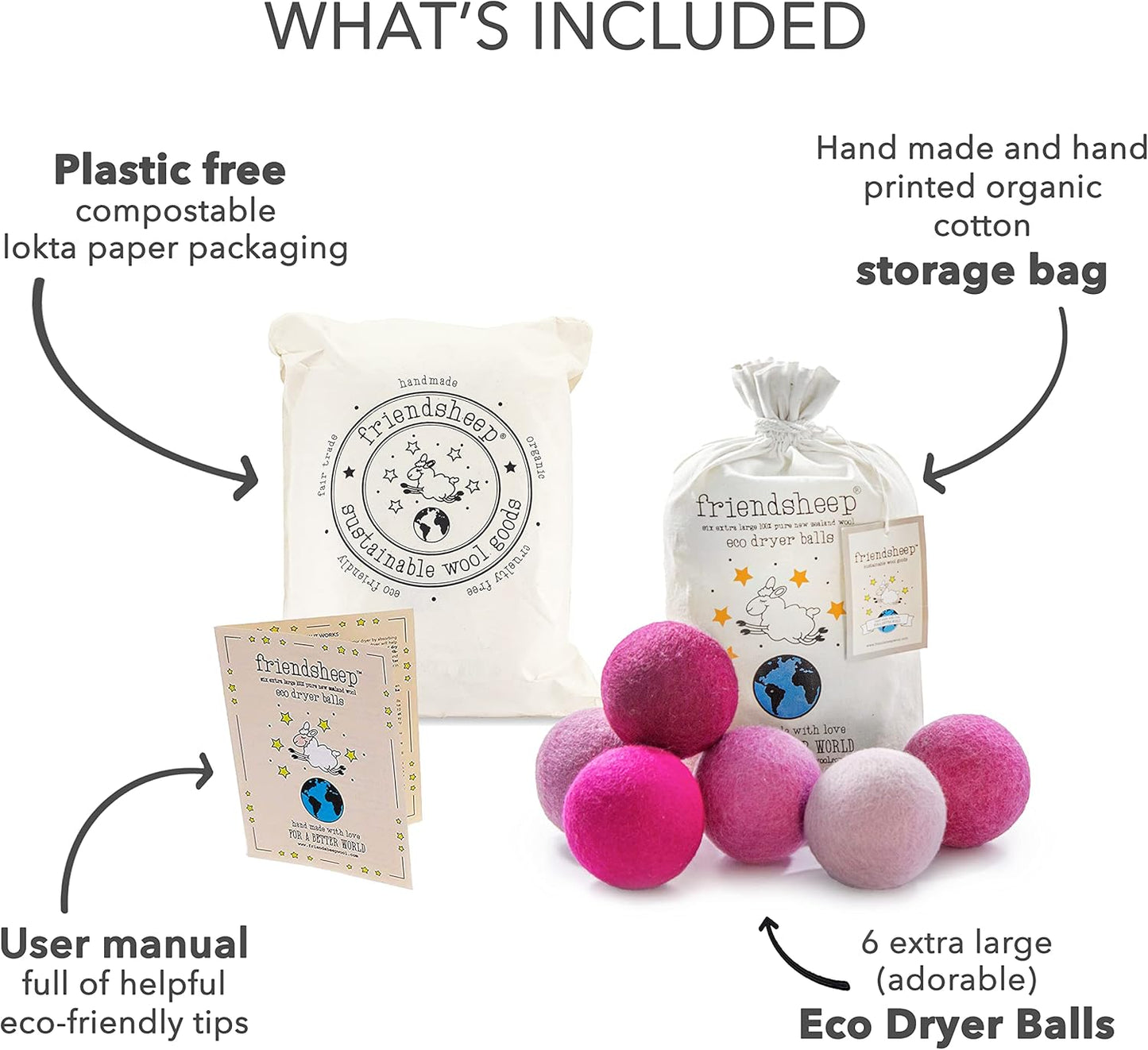 Friendsheep Wool Dryer Balls 6 Pack XL Organic Premium Reusable Cruelty Free Handmade Fair Trade No Lint Fabric Softener - Pink Valentine