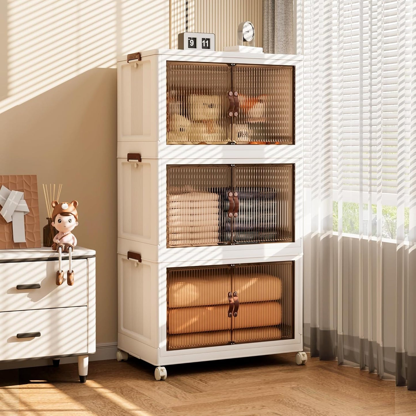 Jalove 50QT Plastic Storage Bins with lids, Stackable Collapsible Storage Containers with Wheels, Closet Organizer and Storage Drawers, Clothes Storage Cabinet for Home Office Garage, 1 Pack White