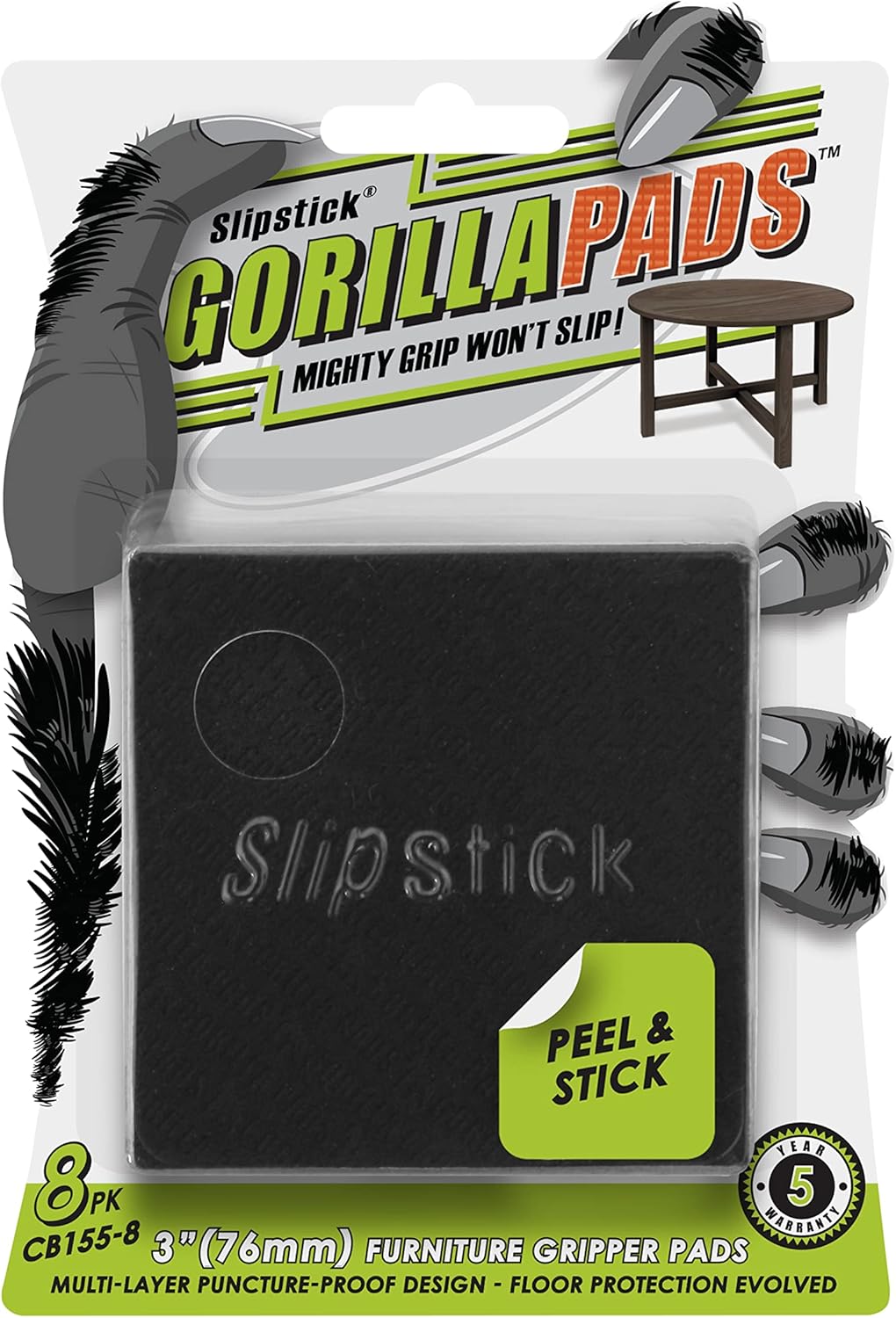 Slipstick GorillaPads Non Slip Furniture Pads/Gripper Feet Floor Protectors (Set of 8) Premium 3 Inch Square Self Adhesive Rubber Stoppers for Furniture Legs, Black, CB155-8