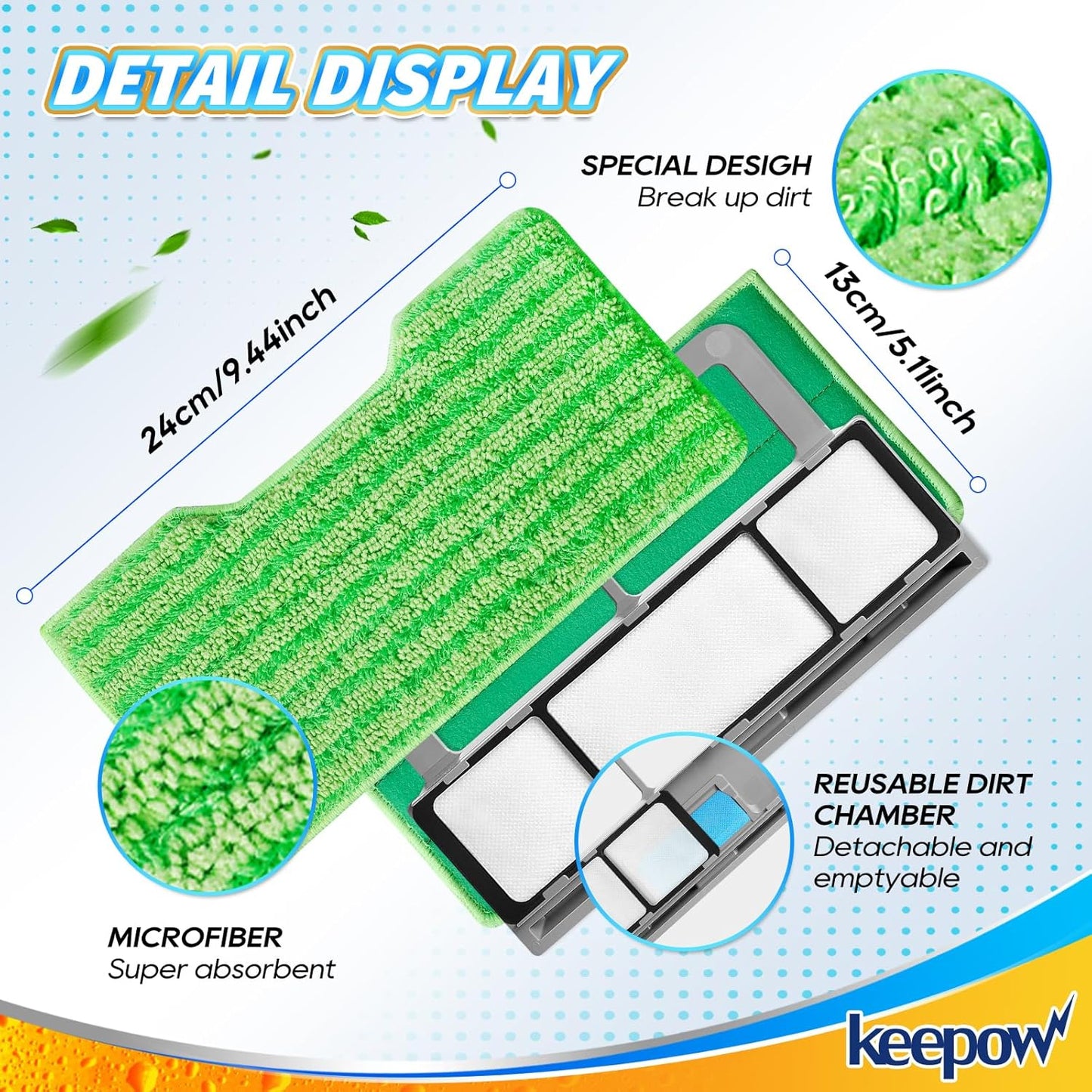 KEEPOW Reusable Mop Replacement Pads Compatible with Shark Vac Mop VM252 VM200 VC205 VM250 /QM250 VM190 VM200P12, Washable Vacuum Mop Pad Refills, Upgraded Design of Dirt Chamber (1+2+2+2 Pads)