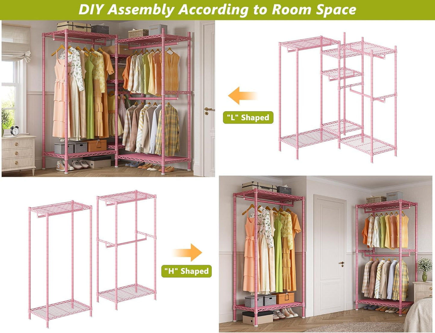 Raybee Clothing Racks for Hanging Clothes Heavy Duty Clothes Rack Load 750LBS clothes rack, 77" H x 70.5" W x 13.8" D, Pink