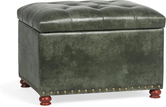 24'' Leather Ottoman with Storage Rectangle Foot Rest Ottomans Stool for Living Room(Green,Leather Texture)