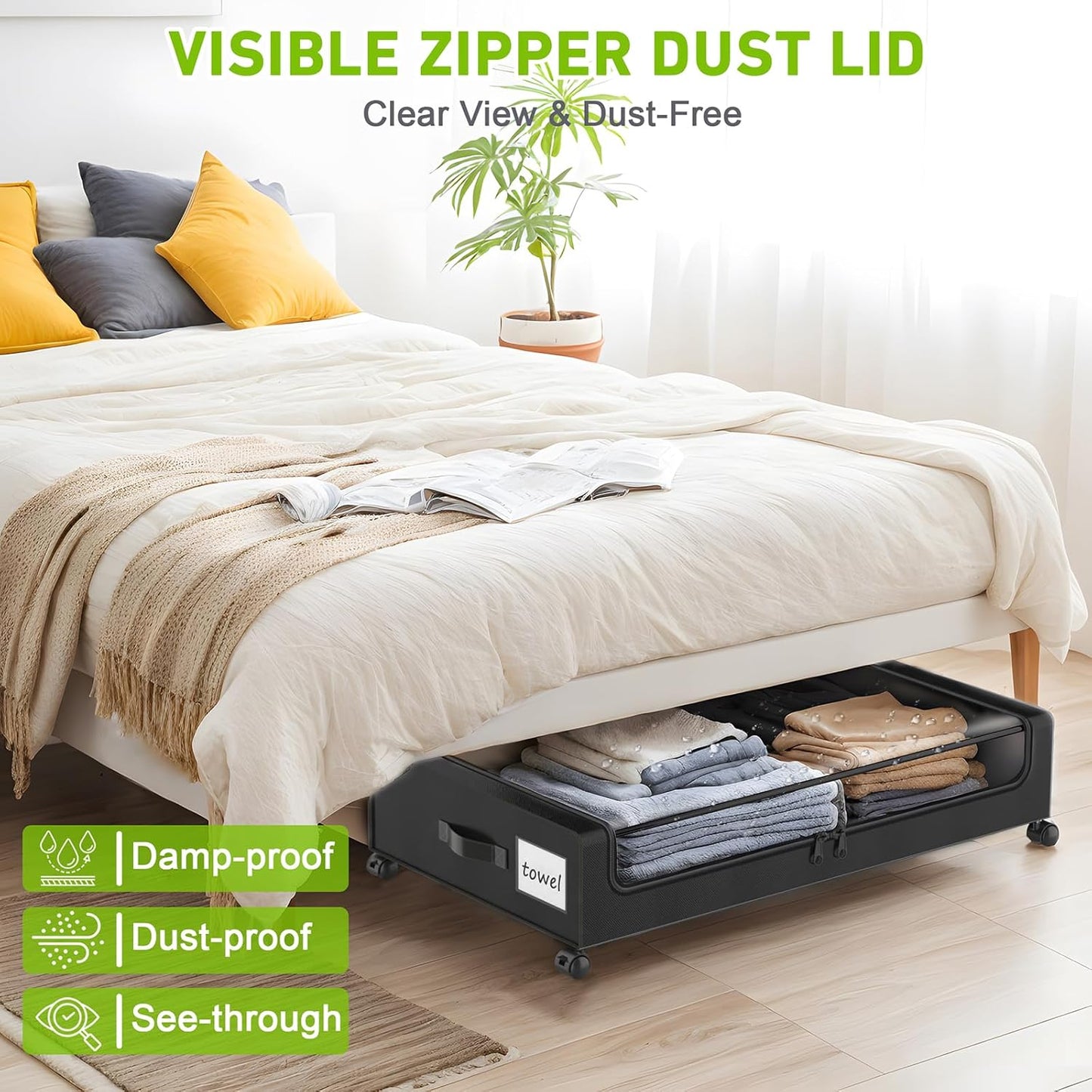 Under Bed Storage with Wheels, 4-Pack Under the Bed Storage Containers with Clear Lids & Label, Underbed Storage Bins, XXL 60L Rolling Metal Drawer for Clothes, Shoes, Toys, Books - Black