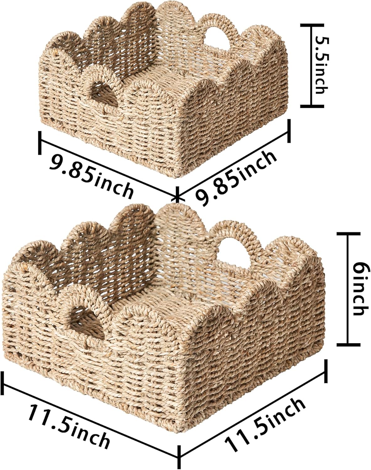 Scalloped Basket 2 Pack Wicker & Rattan Storage with Built-in Handles, Decorative Woven Seagrass Basket for Nursery & Bathroom Organization