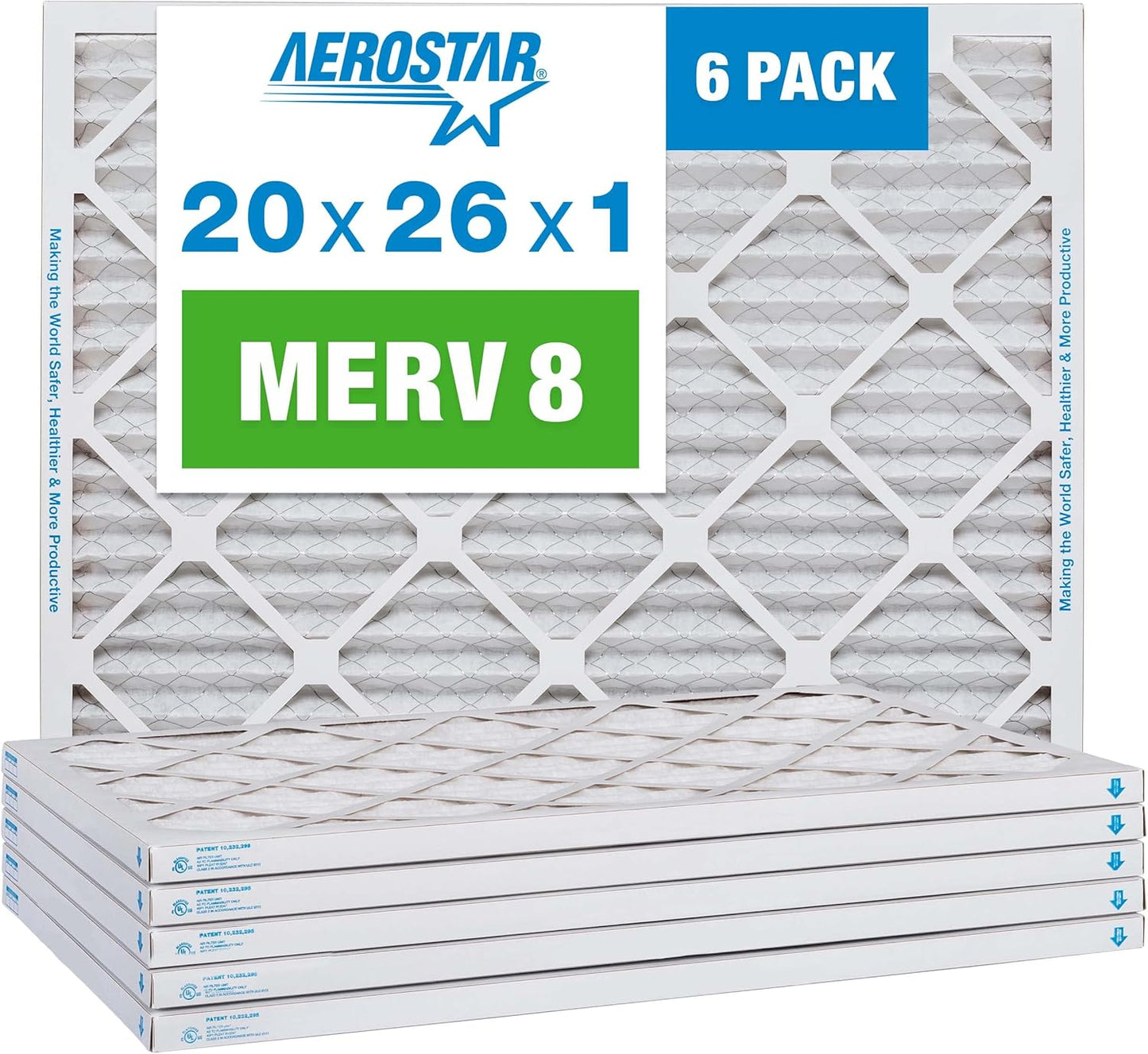 Aerostar 20x26x1 MERV 8 Pleated Air Filter, AC Furnace Air Filter, 6 Pack (Actual Size: 20" x 26" x 3/4")