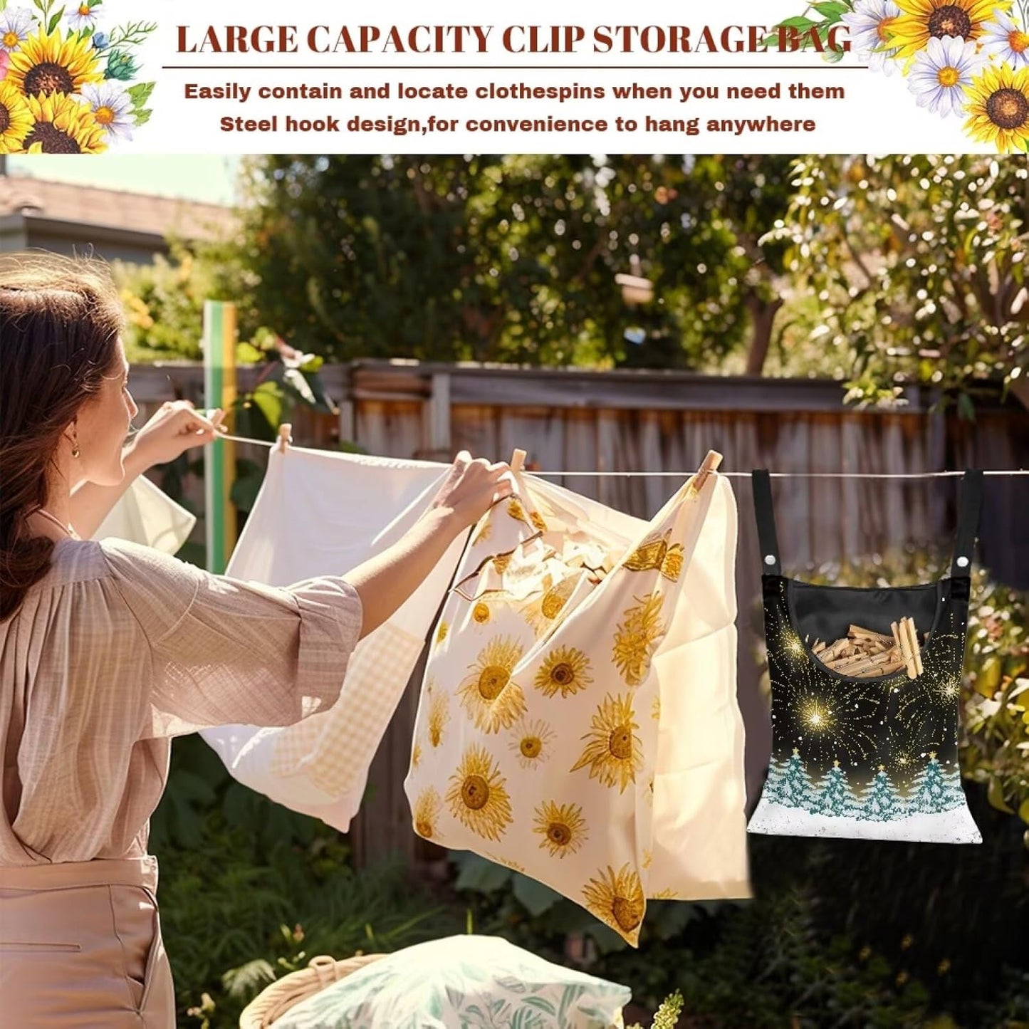 Christmas Tree Adjustable Door-Hanging Laundry Clothespin Bag Clothespin Storage Bag Laundry Clothespin Bag, Fashion Star Hanging Storage Organizer with Hanging Rope for Outdoor and Indoor