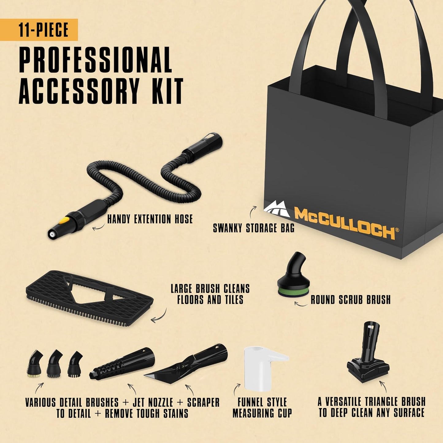 McCulloch MC1230 Handheld Steam Cleaner, 10 Minute Runtime, 11 Accessories: Jet Nozzle, Brushes, & More - Built for Home, Tile, Grout, Carpet, Furniture, & Personal Car Detailing