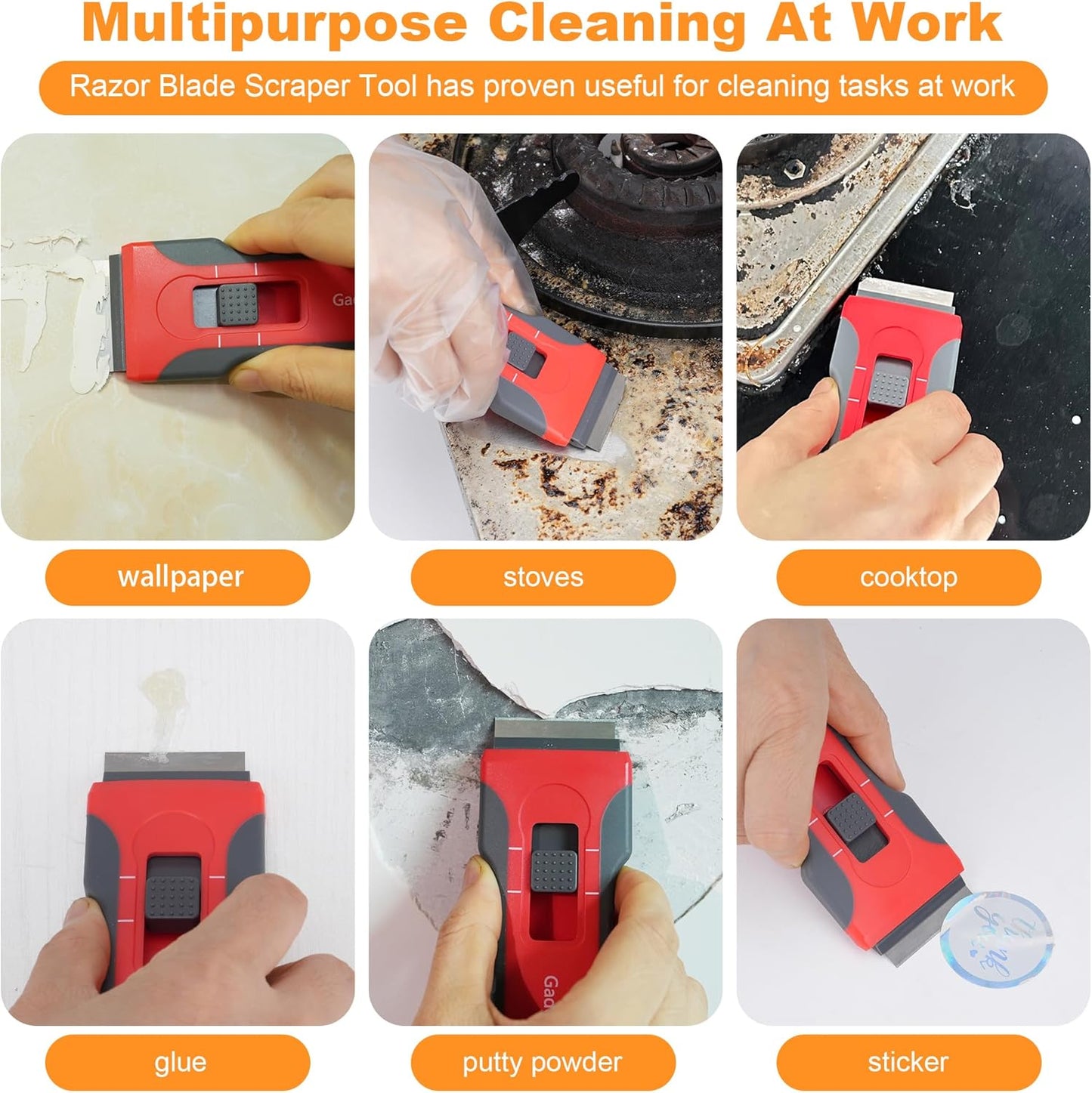 Upgraded Razor Blade Scraper with 10pcs Blades and 3Pcs small wire brushes,Scraper Tool for Cleaning Glass Window, Cooktop, Oven, Stove Scraper, Razor Scraper with Buit-In Blade Storage, Gray