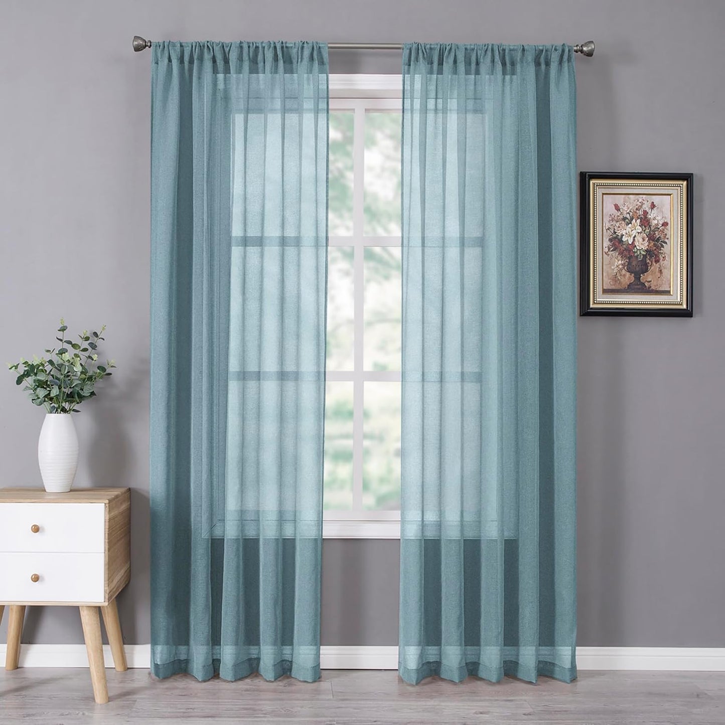 Tollpiz Sheer Curtain Linen Textured Living Room Curtains Sheer Light Filtering Rod Pocket Voile Curtain for Bedroom, 54 x 72 inches Long, Dusty Blue, Set of 2 Panels