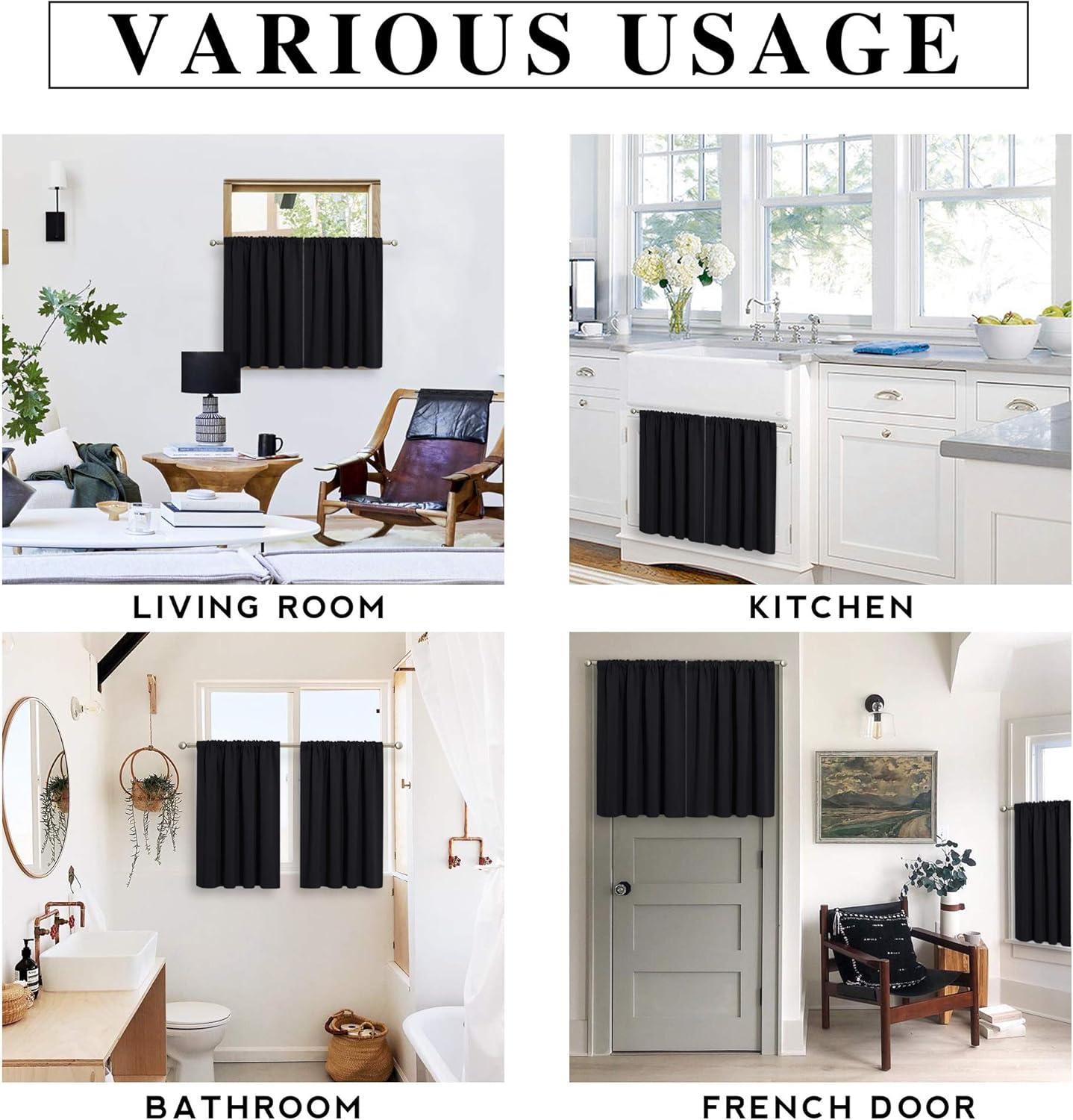 RYB HOME Blackout Curtains for Kitchen, Over Sink Privacy Curtains Window Decor, Thermal Insulating Drapes for Bathroom Cafe Bedroom Small Window, W 42 x L 24 inch, Black, 2 Panels