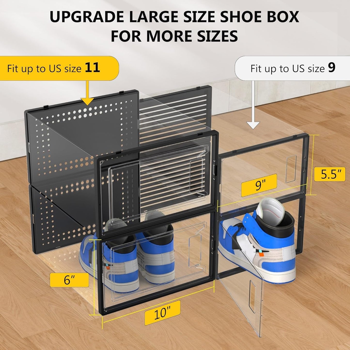 12 Pack X Large Shoe Storage Organizer for Closet, Modular Space Saving Shoe Boxes Clear Plastic Stackable Containers Display Case Bins with Lids, Black