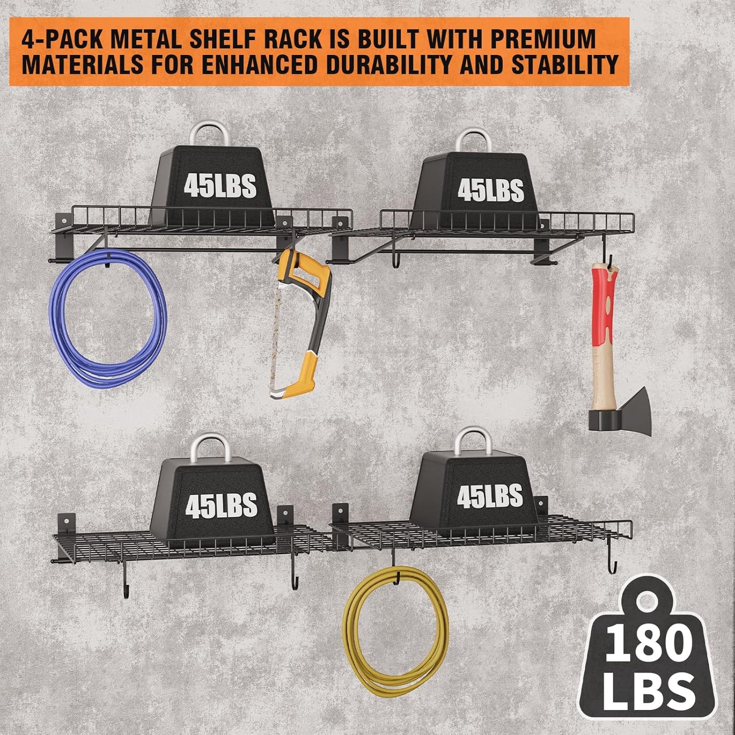 4 Pack Foldable Wall Shelf, Wall Mounted Garage Storage Shelves, Heavy Duty Wall Shelving Supports Up To 180 LBS. Floating Shelves With 8 Hooks Metal Storage Rack for Office, Kitchen and Laundry Room