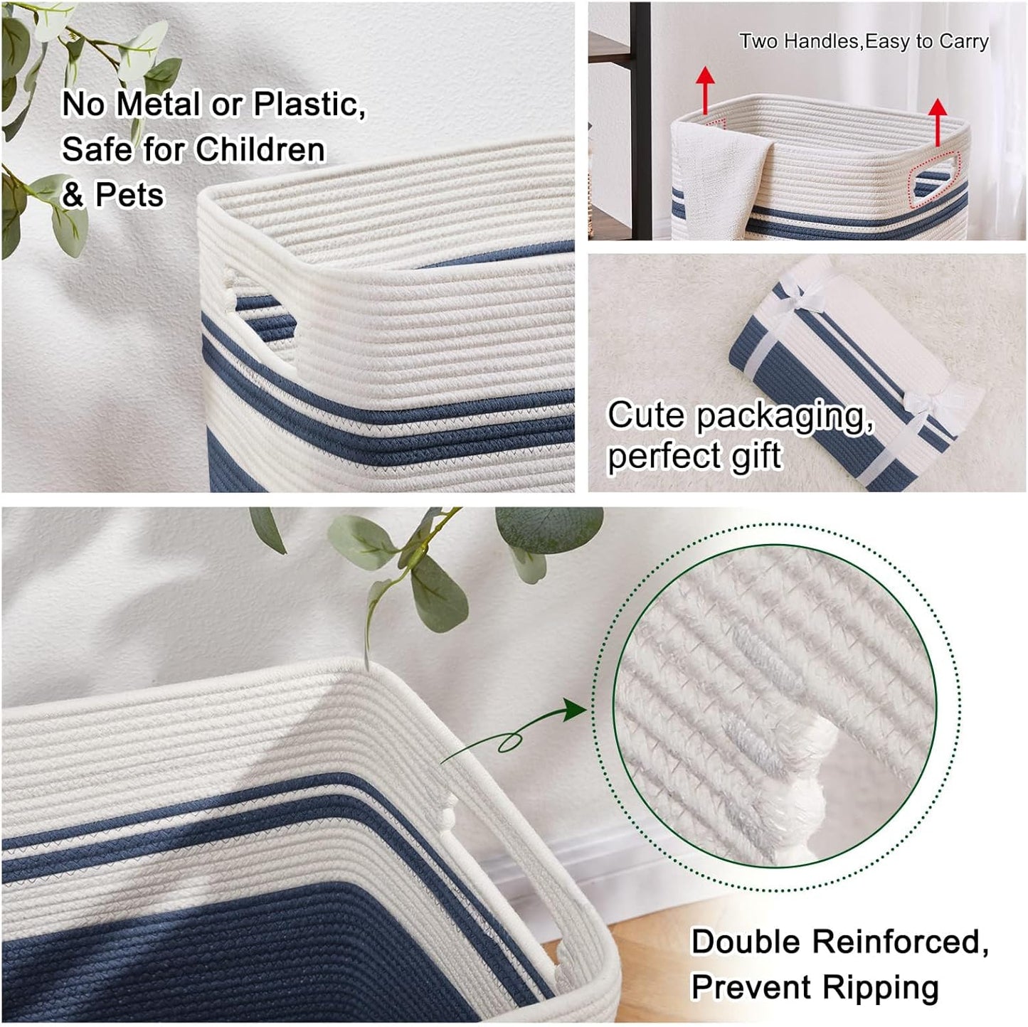 OIAHOMY Laundry Hamper-Laundry Basket,Tall Cotton Storage Basket with Handles,Decorative Blanket Baskets for Living room,Collapsible Large Baskets for Toys,Pillows,Clothes-16x13x22in-Blue