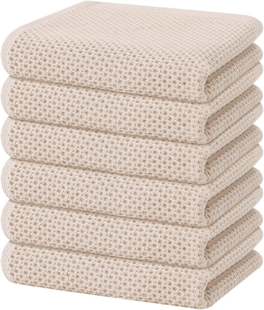 Homaxy 100% Cotton Waffle Weave Kitchen Dish Towels, Ultra Soft Absorbent Quick Drying Cleaning Towel, 13 x 28 Inches, 6-Pack, Beige