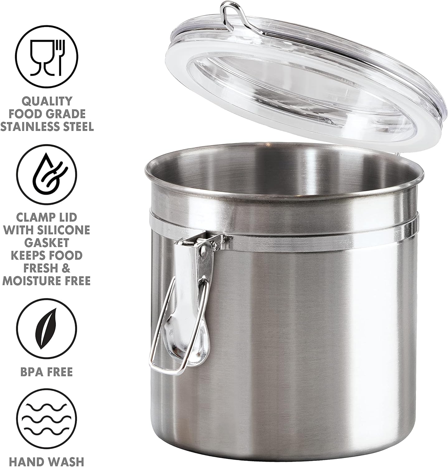 Oggi 36-Ounce Stainless Steel Canister with Clear Acrylic Lid and Locking Clamp