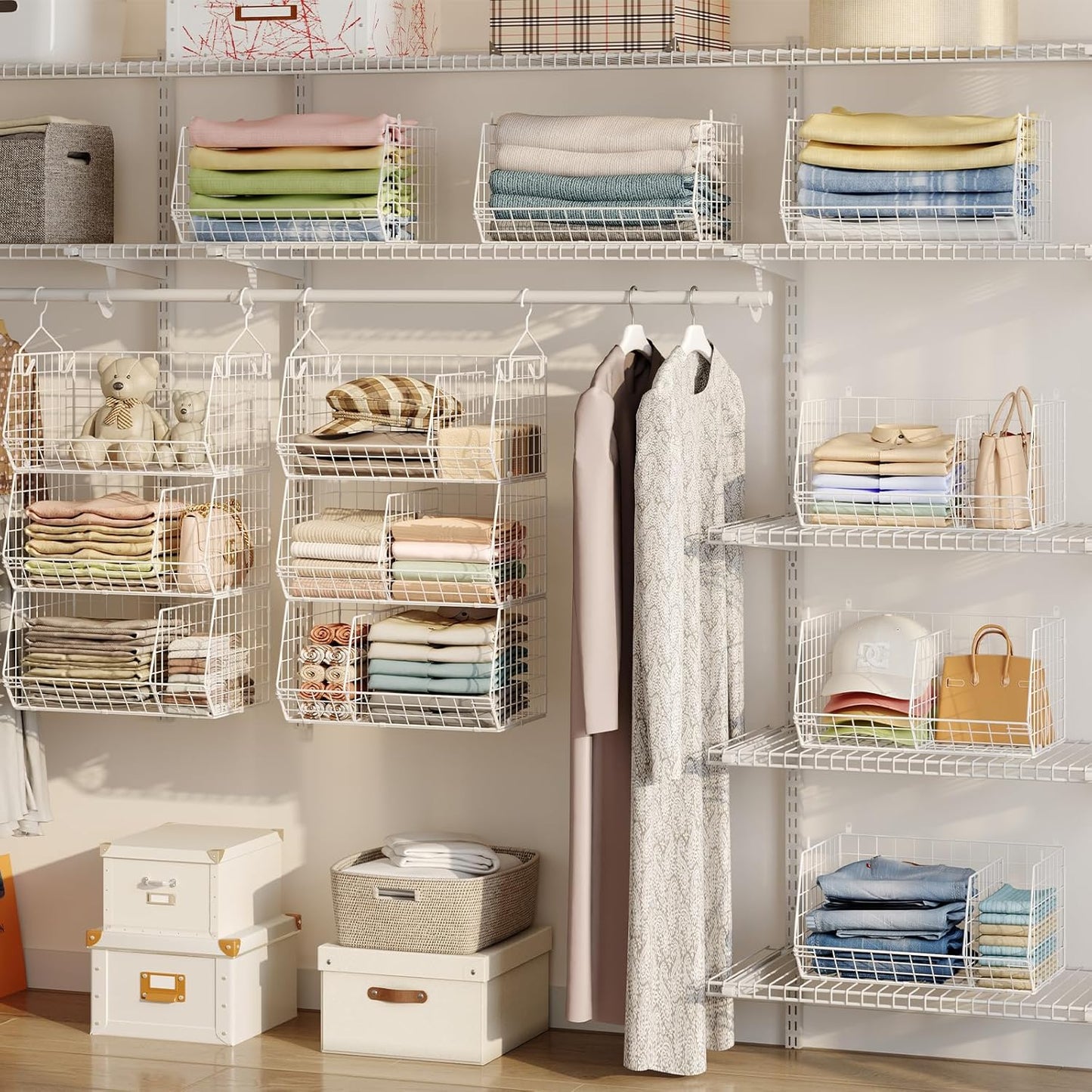 3 Tier Extra Large Closet Hanging Shelves with Divider, 16.5"L x 11.8"W x 33.6"H Closets Organizers and Storage with 5 S Hooks, Clothes Organizer for Sweaters Shoes Handbags Clutches Accessories-White