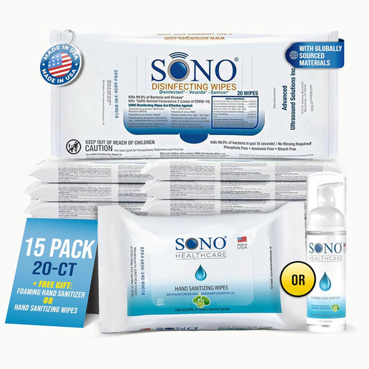 SONO Disinfecting Wipes - 300 Count (Pack of 15) + Travel-Size Alcohol-Free Sanitizer - Medical-Grade, No Bleach, Multi-Surface Cleaning for School, Office, and On-the-Go Germ Protection