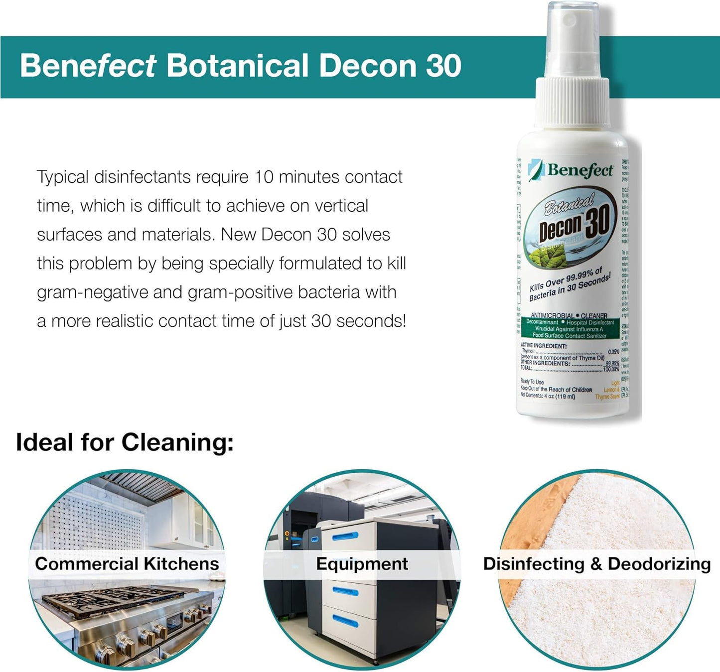 Benefect Botanical Decon 30 Disinfectant Cleaner, 4 oz. Spray Bottle, Light Lemon & Thyme Scent, Hospital Grade Disinfectant, Kills Over 99.99% of Germs, Safe for Food-Contact Surfaces (Pack of 4)