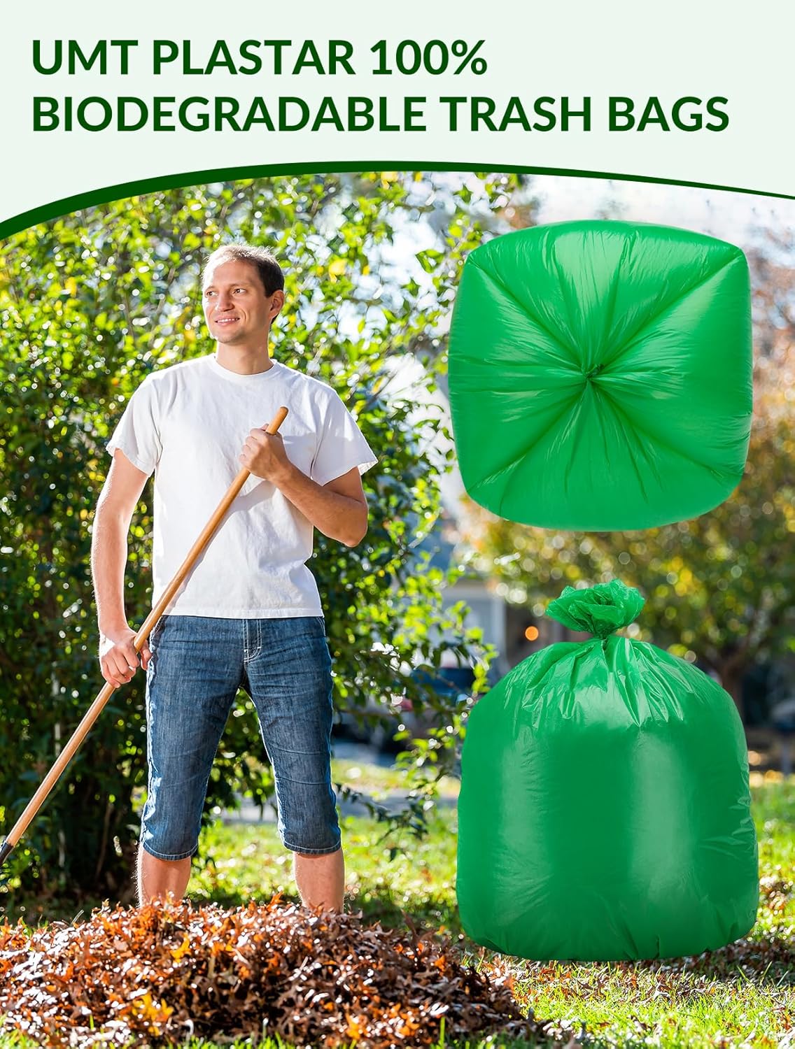 100 Count 100% Biodegradable and Compostable Trash Bags, 40-45 Gallon, 20 Microns, 38x46 Inches, Green Eco-Friendly