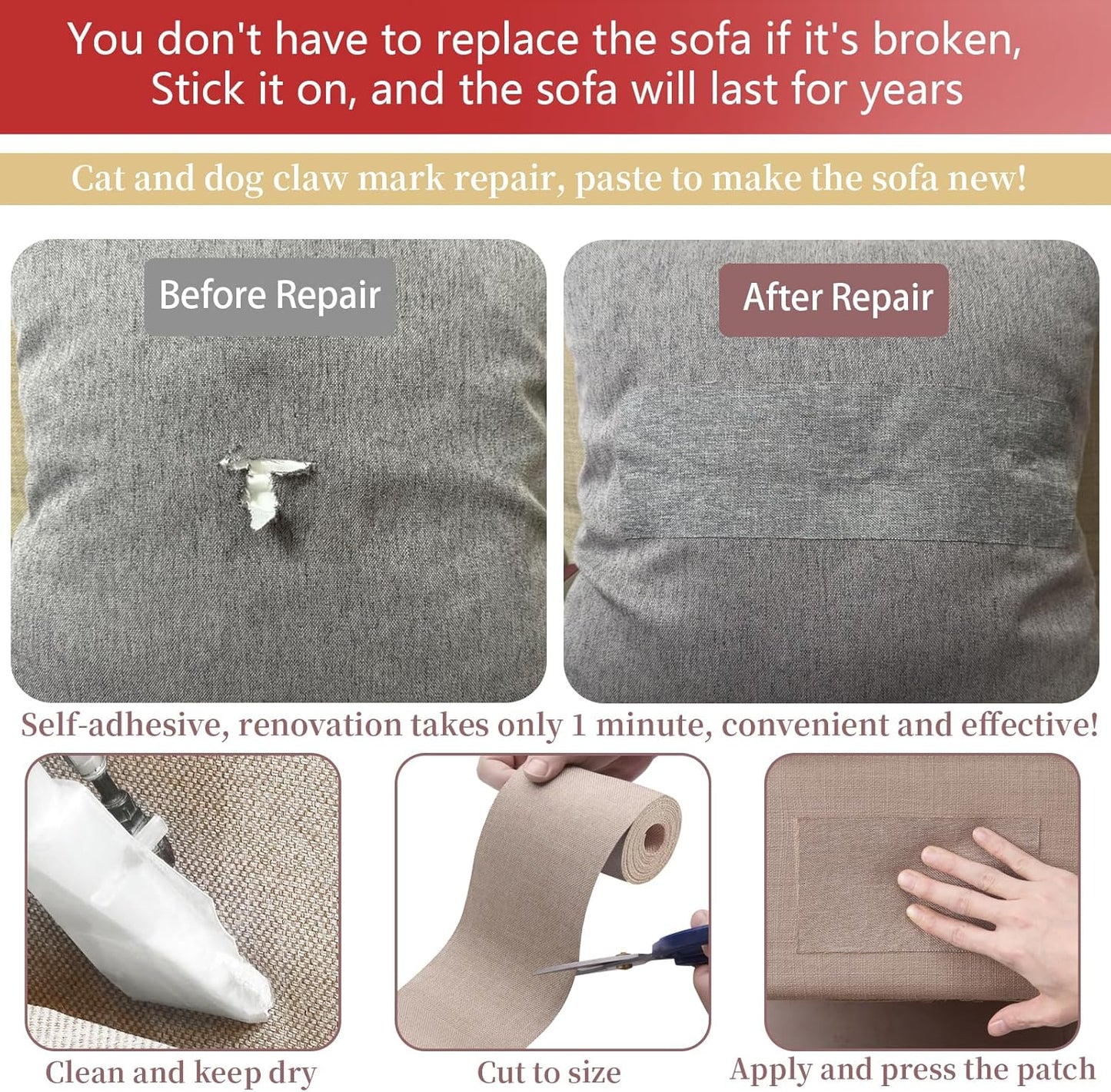 Linen Repair Tape 4x70 Inch Self-Adhesive Couch Patch Repair Fabric Patch for Furniture,Sofas,Cushion,Chairs,Bags,Linen Goods(Burgundy)