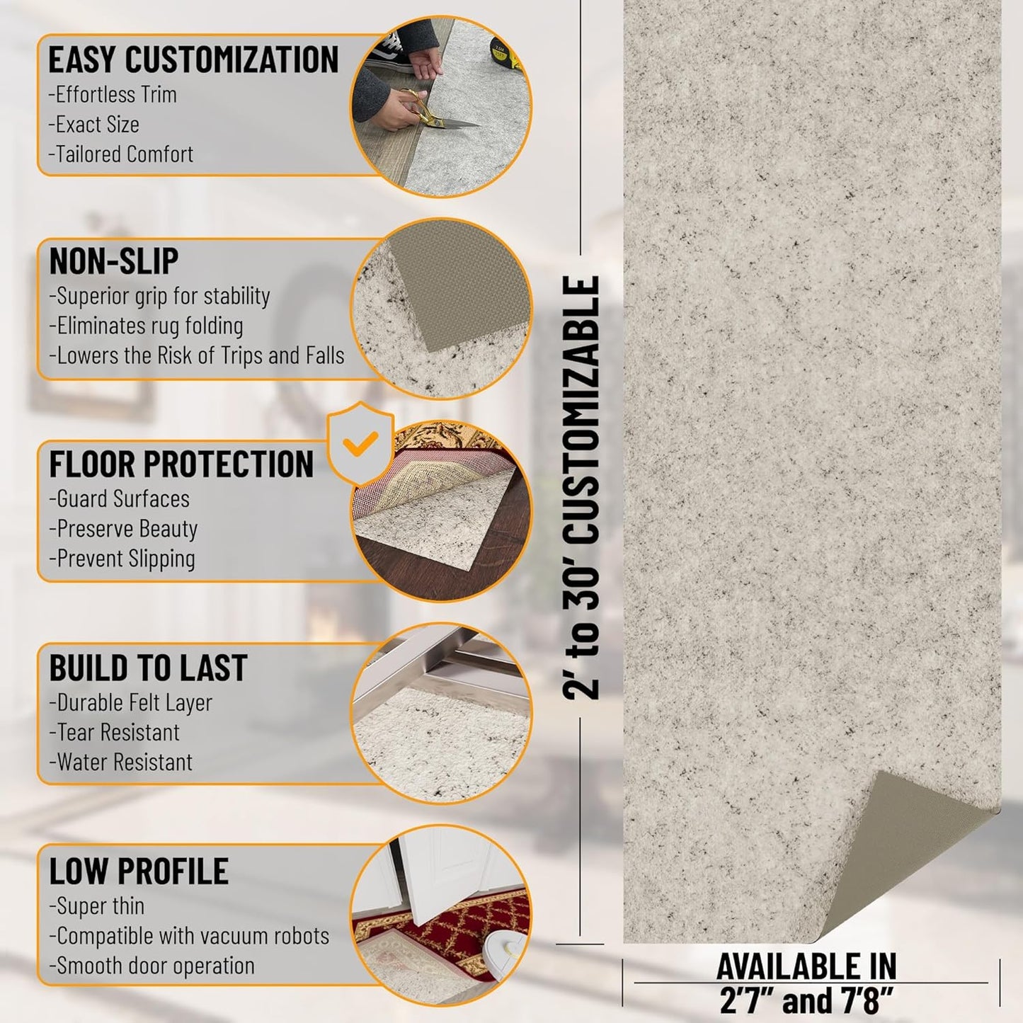 Ottomanson 7'8" x 9' Non-Slip Rug Pad Gripper 1/12 Inch Ultra Thin Dual Surface Felt + Rubber Gripper - Safe for All Floors, Cream