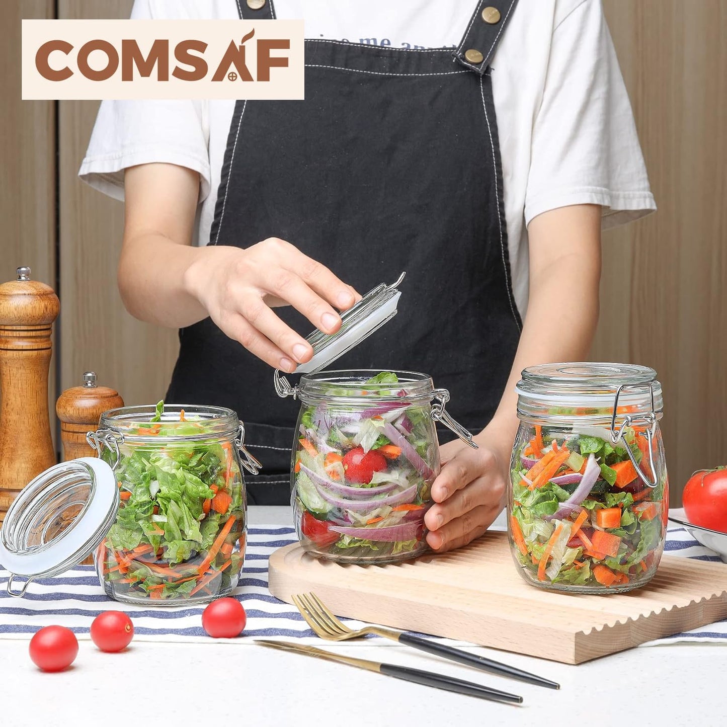ComSaf 25oz Airtight Glass Canisters with Lids Set of 6, Round Food Storage Jar Container with Clamp Lids for Kitchen Canning Cereal Coffee Pasta Sugar Beans Spice, Clear Mason Jars with 12 Labels
