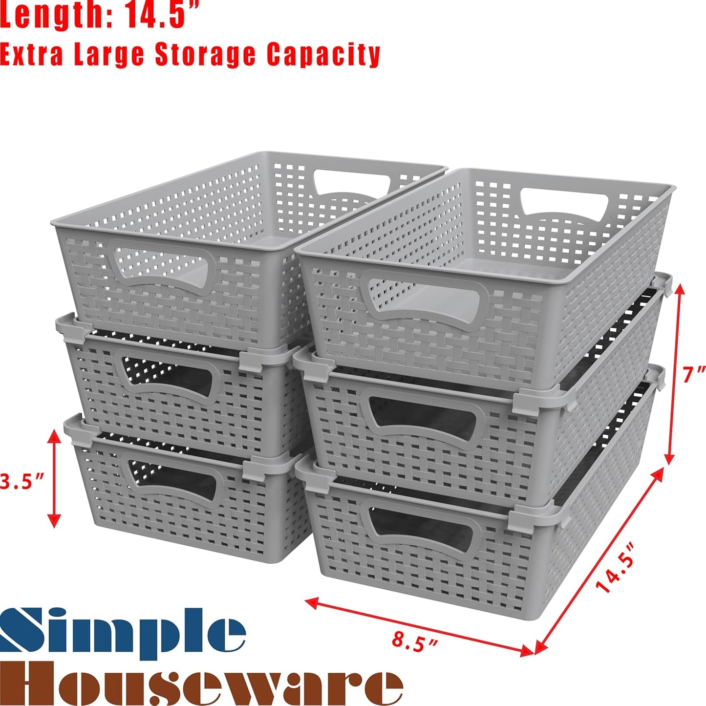 Simple Houseware Stackable Plastic Woven Basket Organizer, 6 Pack, 14.5" x 8.5" x 3.5", Gray