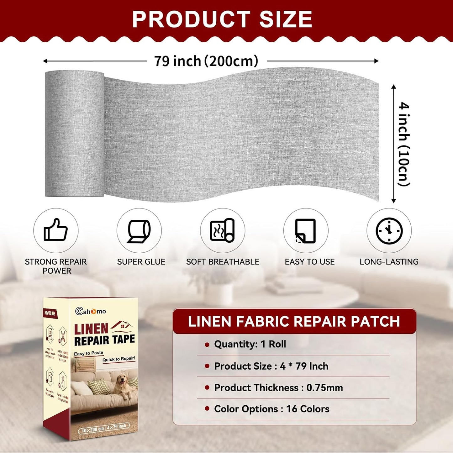 Linen Repair Tape 4x79 inch, Self Adhesive Fabric Patches, Linen Patch Tape Kit, Fabric Repair Tape for Couch Sofas, Headboards, Chairs, Pillows, Curtains, Couches- Light Grey