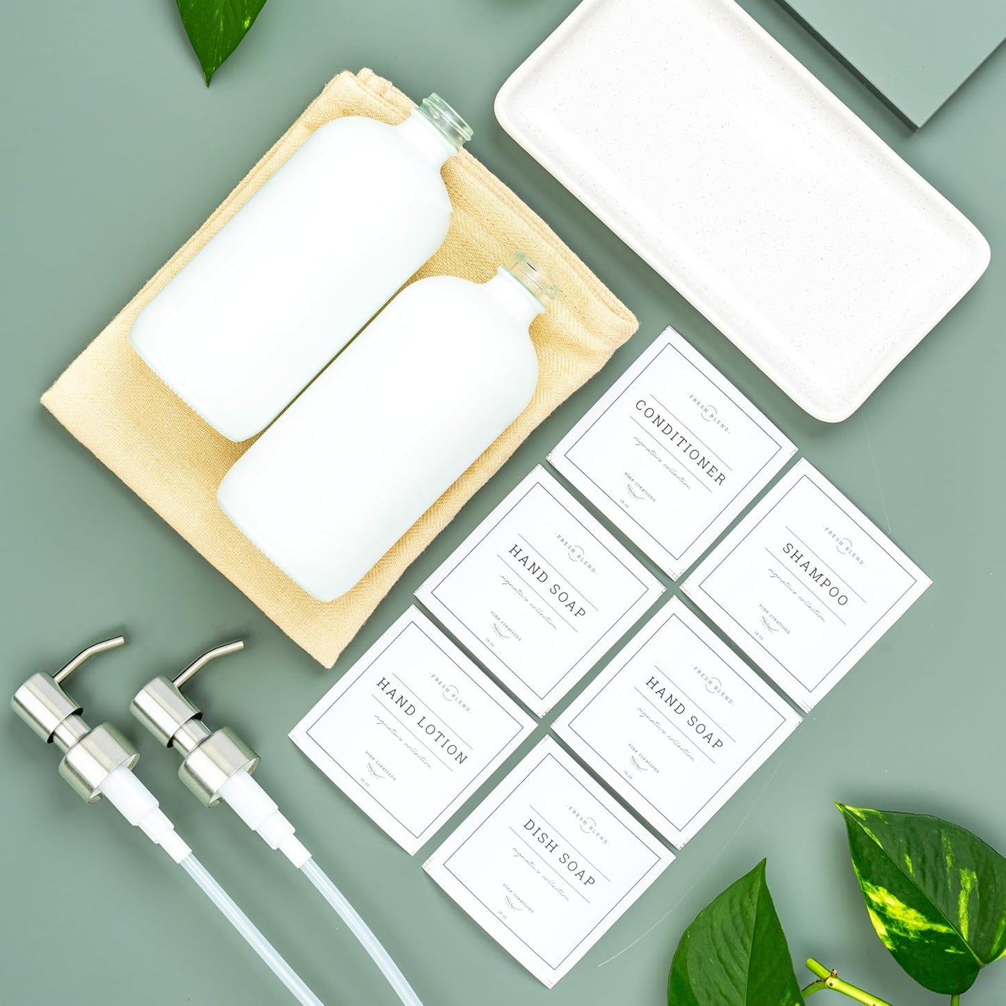 Vine Creations Glass Soap Dispenser, 2 Pack Kitchen Soap Dispenser Set with Ceramic Tray, Stainless Steel Pump, Dish Soap and Hand Soap Dispensers for Bathroom or Kitchen Decor with Waterproof Labels