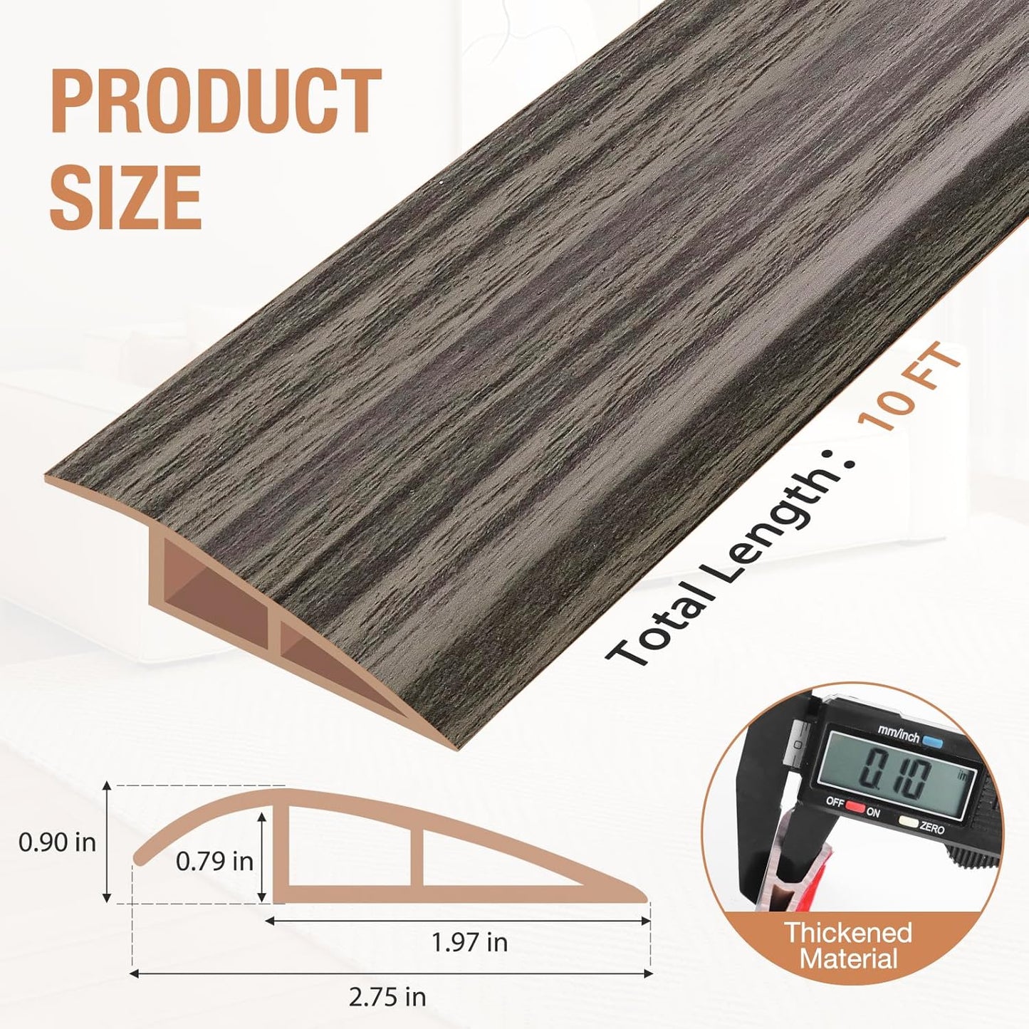 Floor Transition Strip Self Adhesive Vinyl Door Threshold for Doorways Carpet Edging Trim Overlap Edge Reducer for Laminate Floor, Carpet, Tile (Grayish Brown Wood Grain, 3/5" to 4/5", 10Ft)