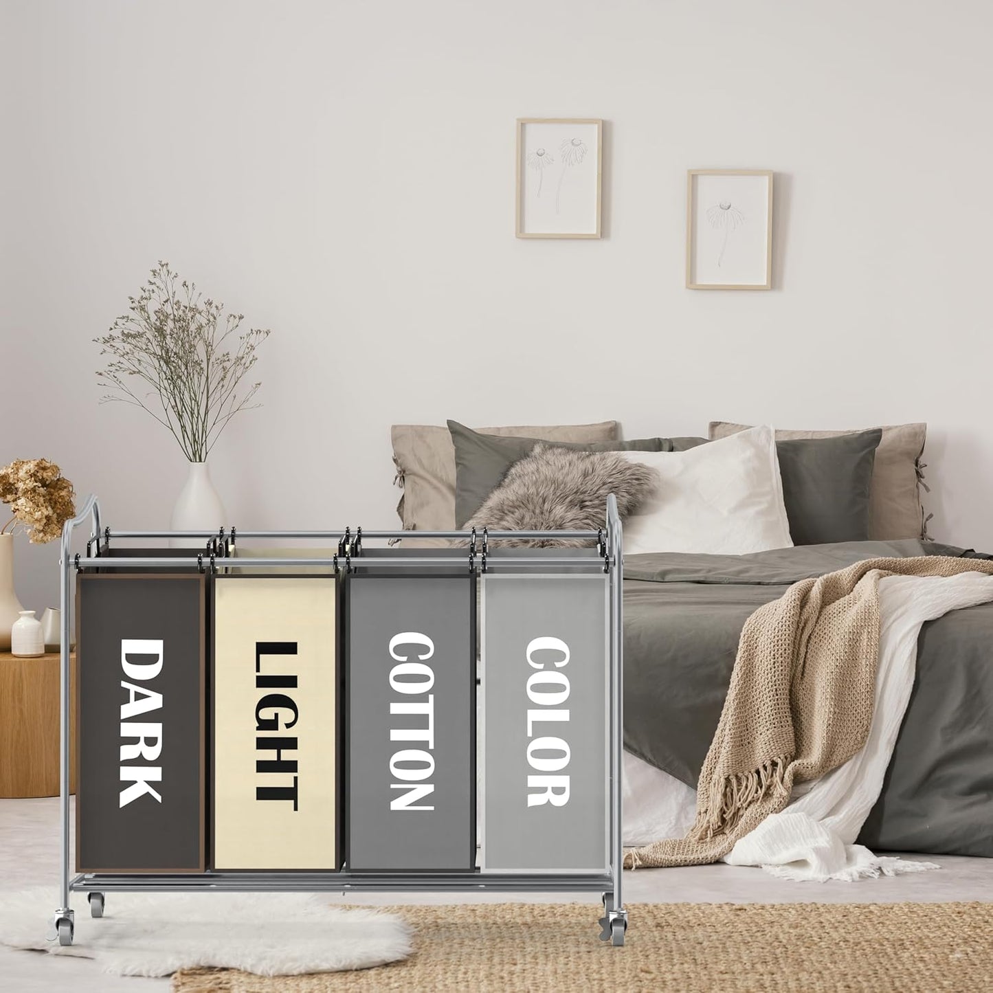 Simple Houseware 4-Bag Heavy Duty Laundry Sorter Rolling Cart, Silver/Assorted