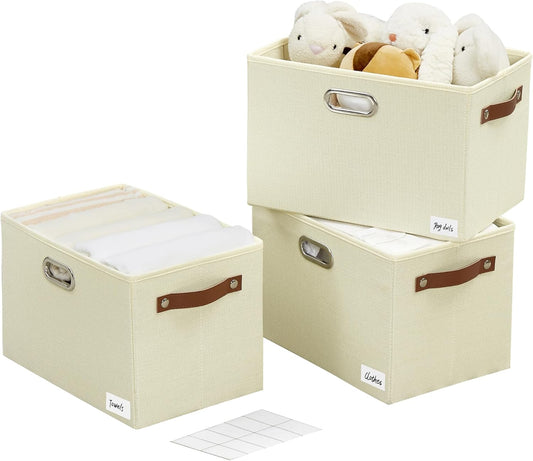 Large 3-Pack Foldable Fabric Storage Bins with Durable PU & Metal Handles, Collapsible Storage Baskets for Shelves, Home Storage, Closet Organizers, Living Room(14.9"x9.8"x9.8", Beige)