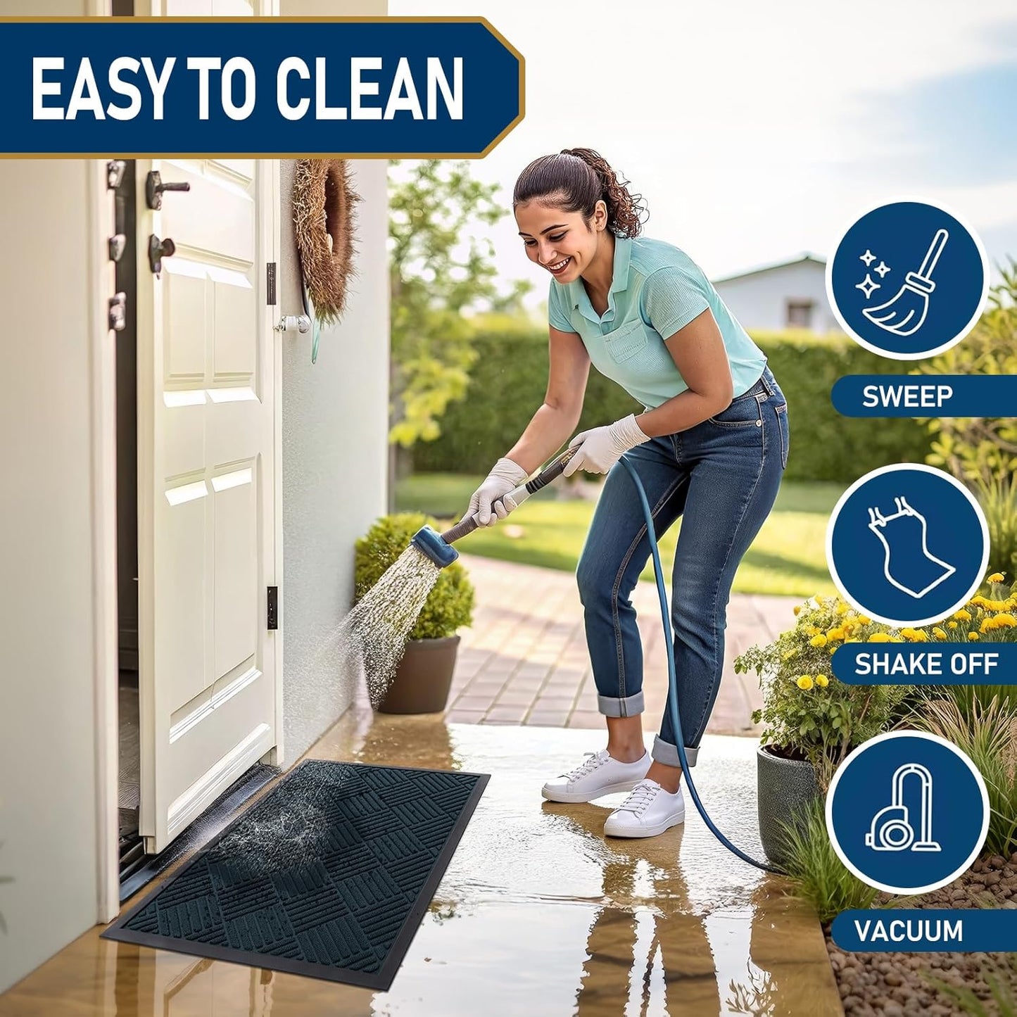 Smiry Front Door Mat Outside Entrance, Heavy Duty Outdoor Indoor Mat, Natural Rubber Doormat, Non Slip, Trap Dirt and Moisture, Easy Clean, Low Profile Patio Porch Entryway Mat, 29.5x17, Lake Blue