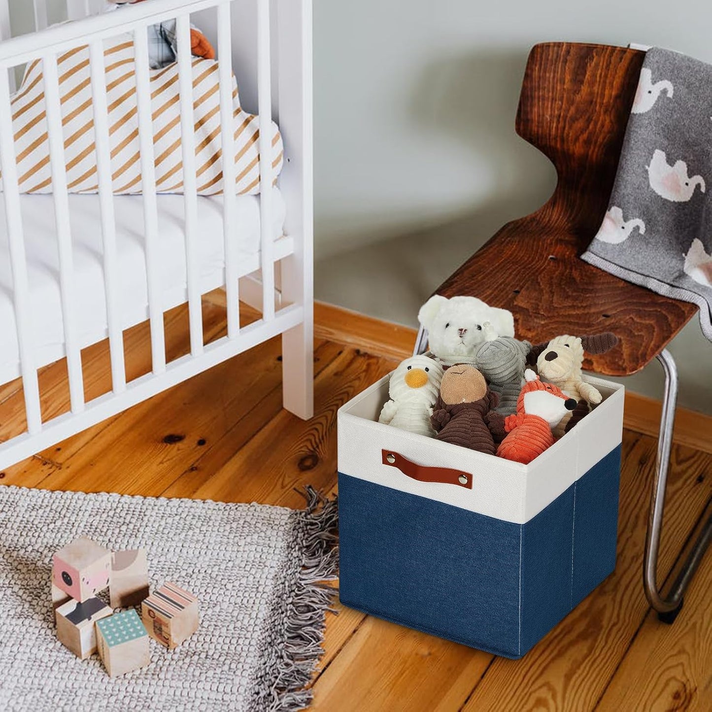 HNZIGE Fabric Storage Cubes Bins for Shelves,13x13 Storage Cubes, Set Of 4 Foldable Cubby Storage Bins for Organizing, Cloth Blue Storage Baskets for Cube Organizer Toy Nursery Shelves(Blue&White)