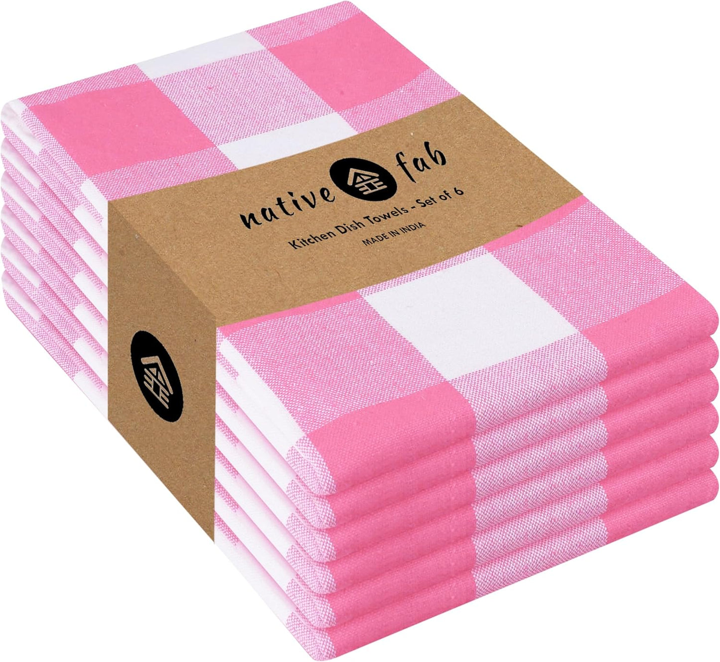 Native Fab Pink Checked Kitchen Towels 16"x26" - 6 Pack Buffalo Plaid Cotton Dish Towels - Absorbent Dishcloth Set, Soft Reusable Towel with Hanging Loop - Pink White