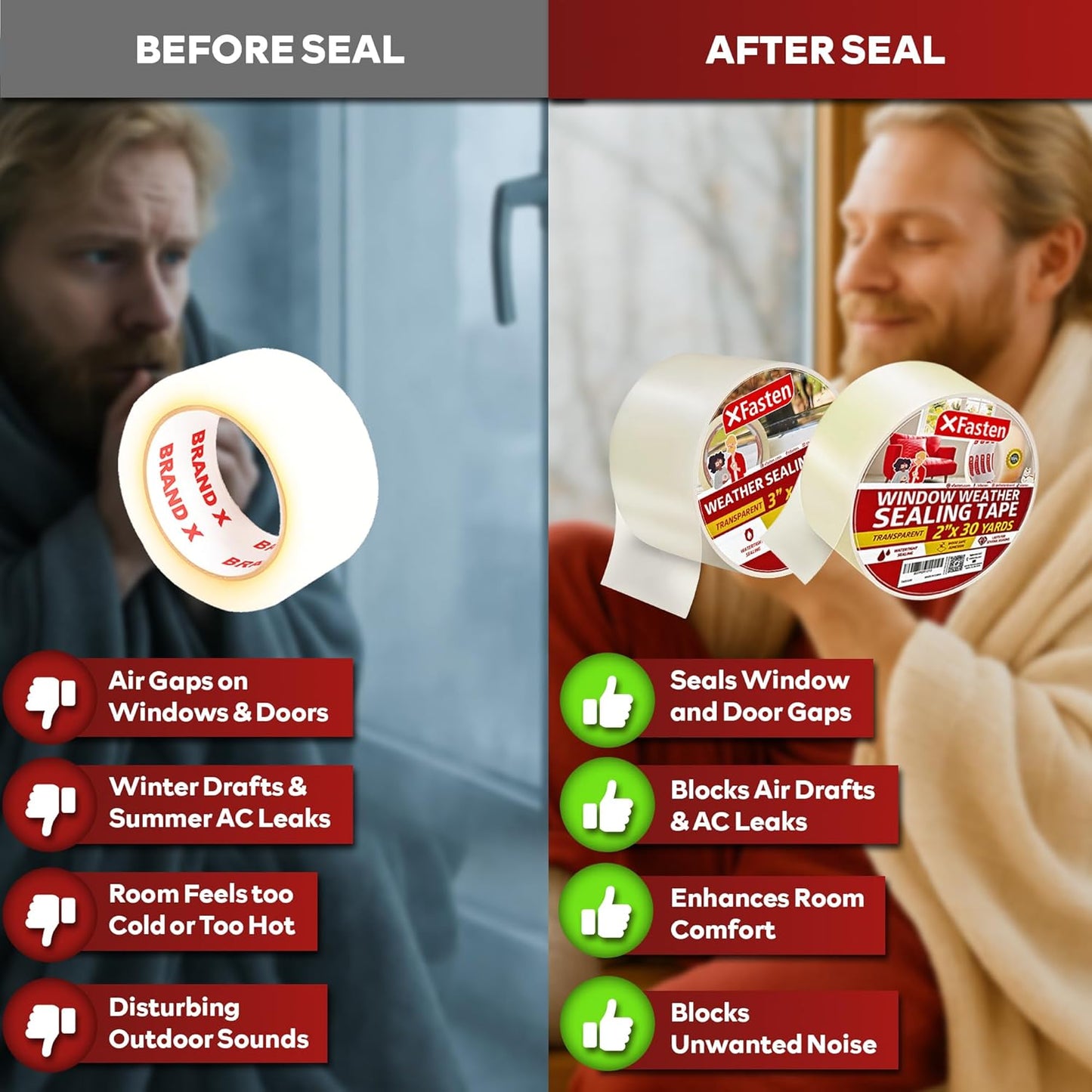 XFasten Window Sealing Tape for Winter 3” x 30 Yards RV Window Stripping for Winter | Heavy-Duty Transparent Weather Sealing Tape for Plastic Window Coverings for Winter, Residue-Free Weather Tape