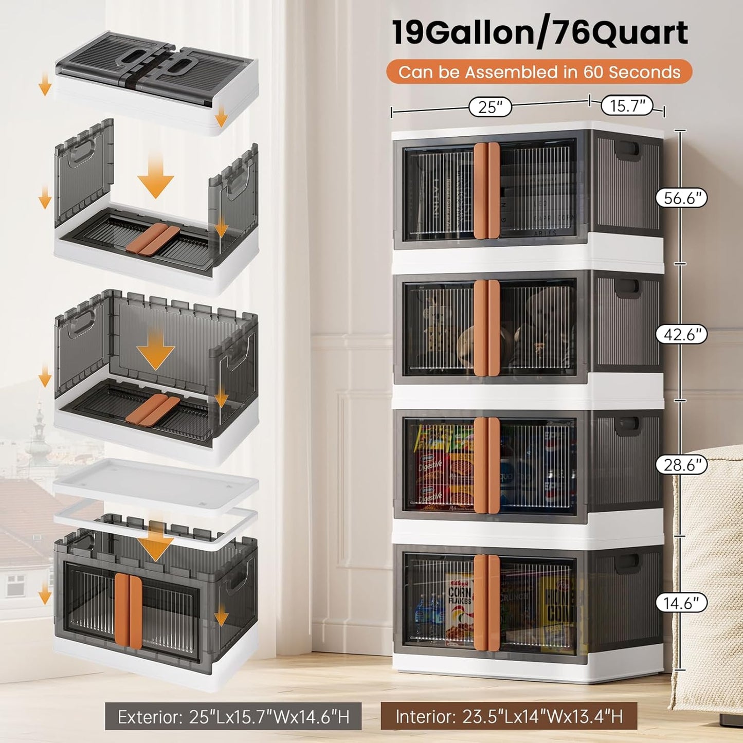 19Gal Collapsible Storage Bins with Lids & Wheels - 1 Pack Stackable with Doors, Heavy-Duty Plastic Containers for Home/Office, White